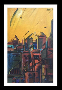 Retro GENOVART  City Vertical Small original surrealist canvas acrylic painting