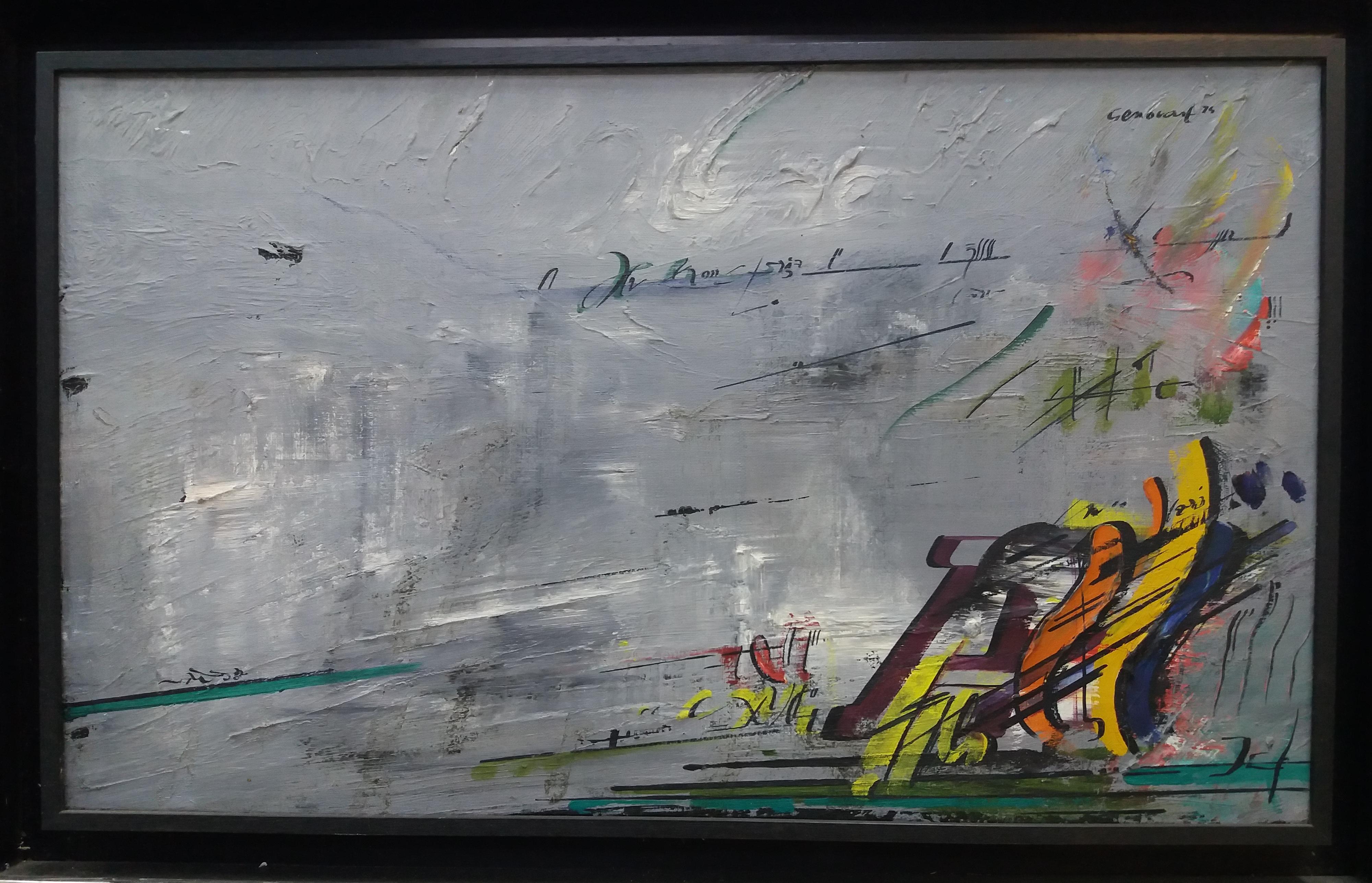 Abstract Painting de Jaume Genovart - Genovart   Fondo gris  Pintura acrílica surrealista original amarilla