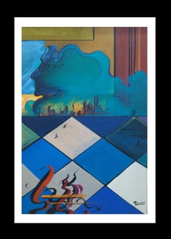 Retro  Genovart   Chess original surrealist canvas acrylic painting