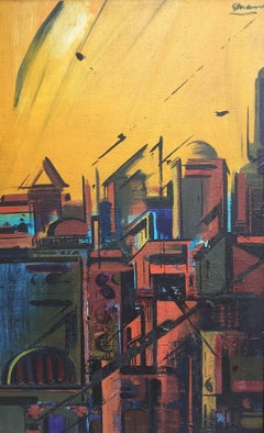 GENOVART  Ciudad Vertical Pequeña pintura acrílica original surrealista sobre lienzo