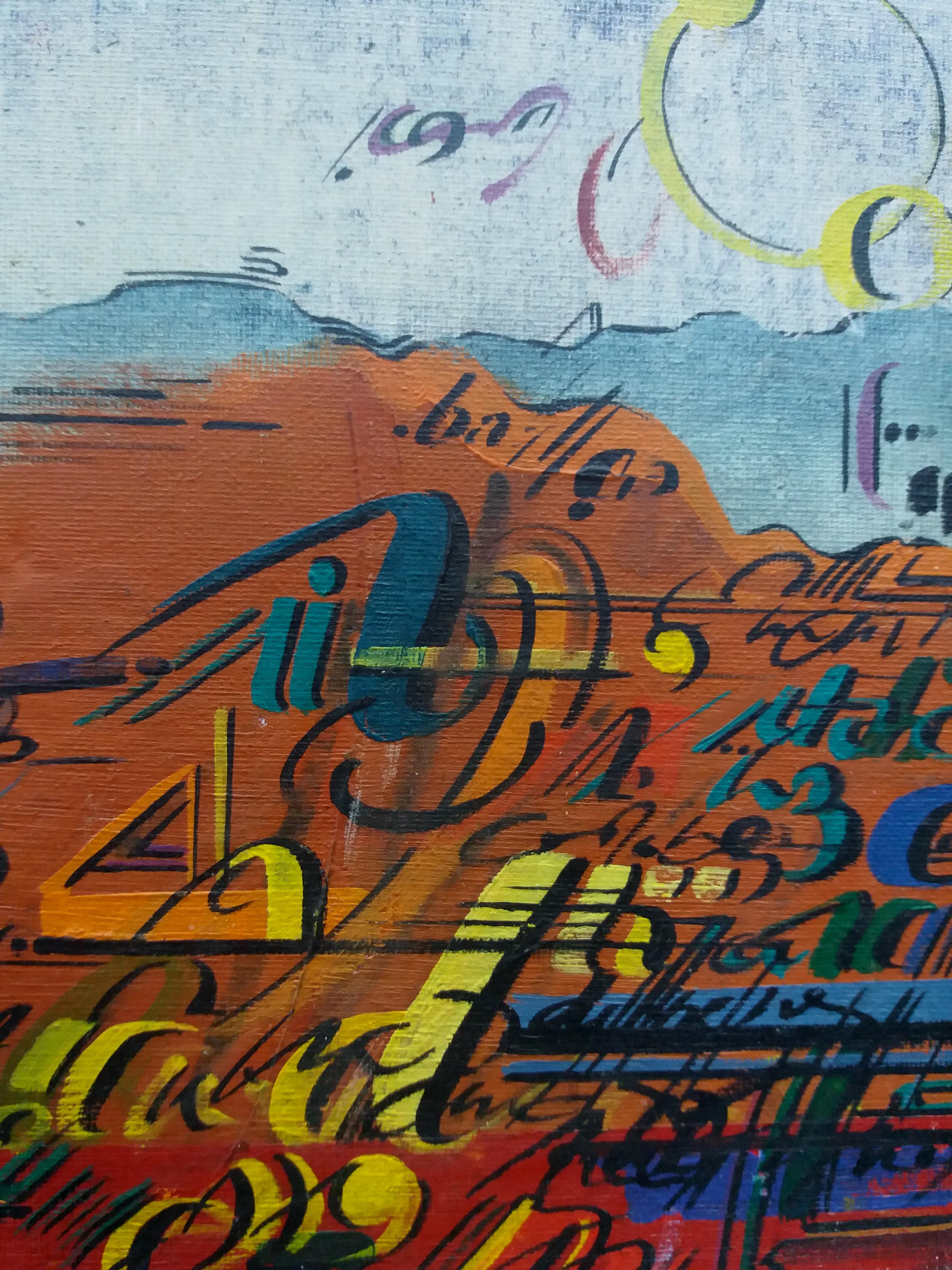 Paisaje pintura acrílica surrealista original
GENOVART LLOPIS, Jaume (Barcelona, 1941-1994). 
Pintor autodidacta, se dio a conocer en 1972. Nieto de tipógrafo e hijo de librero, creció en un mundo de pasión por el arte gráfico, la caligrafía y el