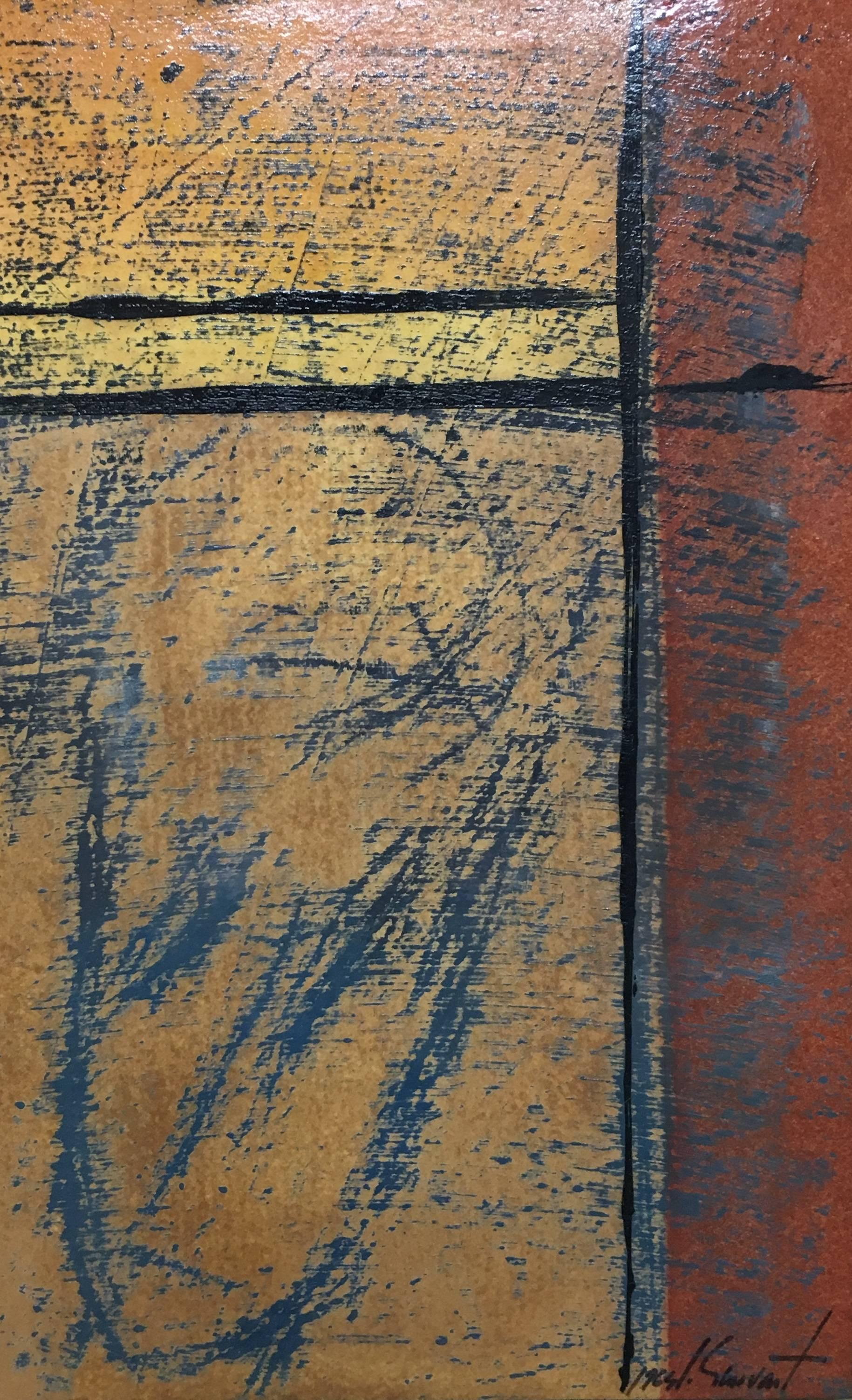 Genovart   Vertical  Bleu, rouge, doré et jaune, abstrait original - Marron Abstract Painting par Jaume Genovart