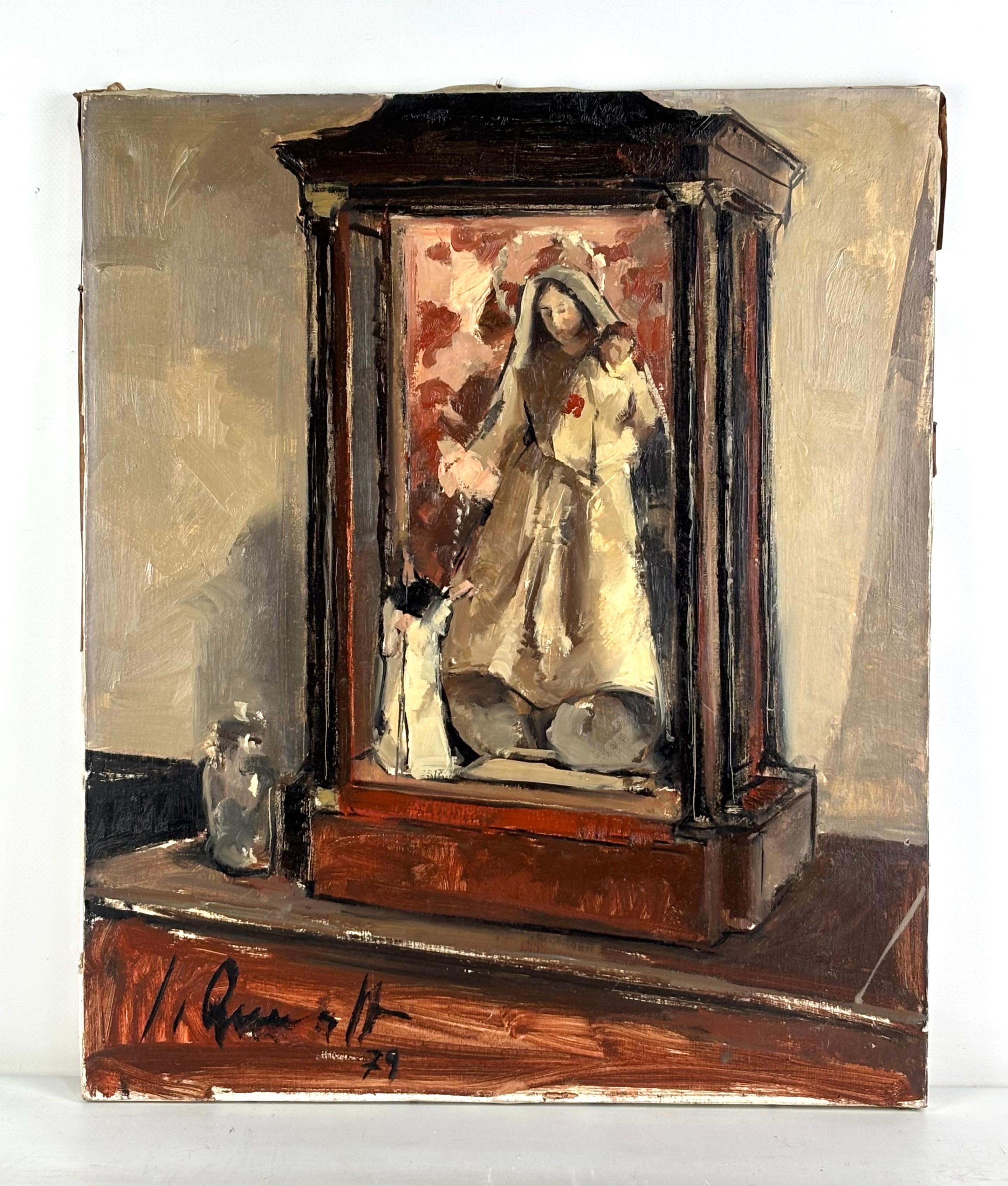 Óleo sobre tela - Año 1979 - Virgen y niño en vitrina - Painting by Jaume Queralt