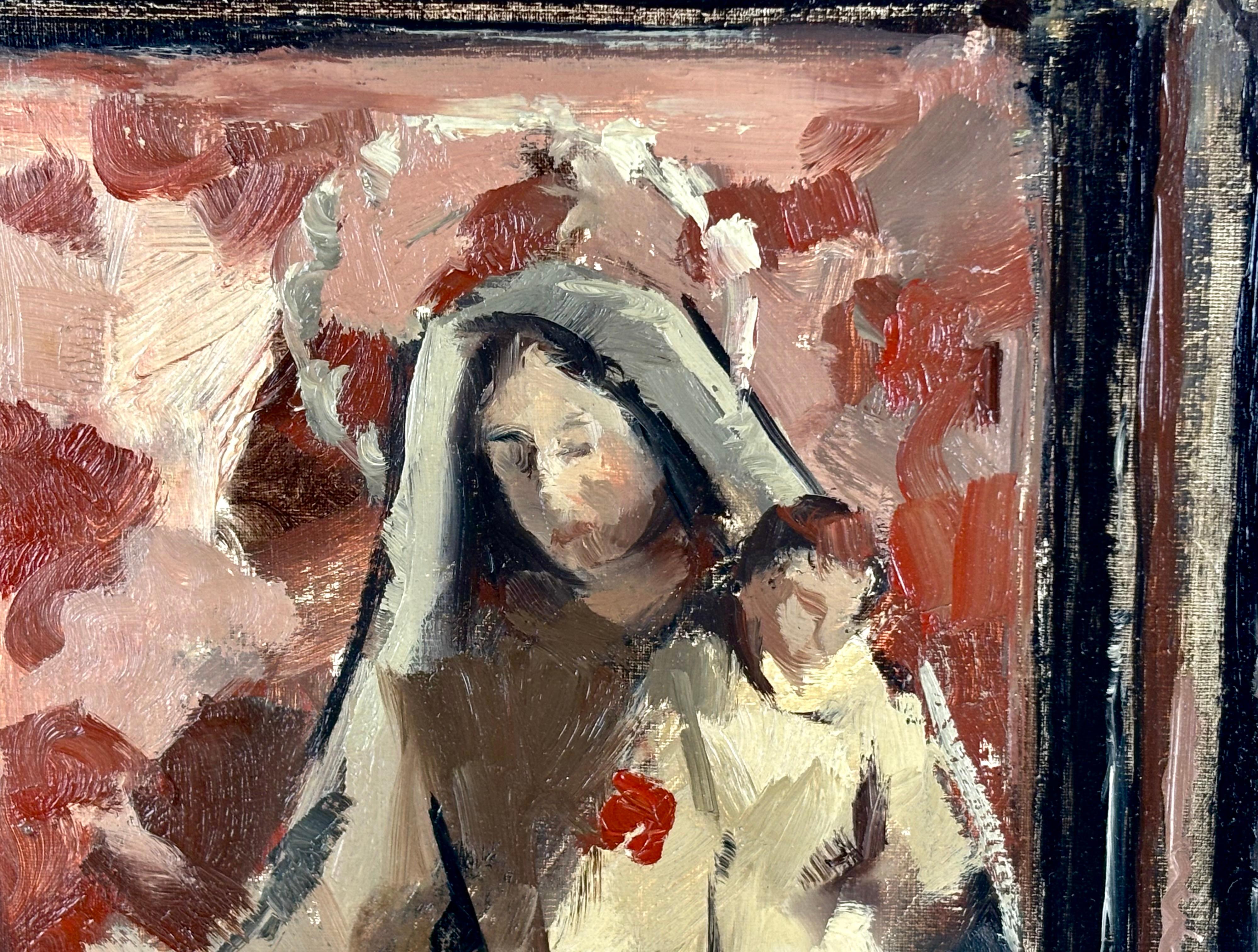 Óleo sobre tela - Año 1979 - Virgen y niño en vitrina - Brown Figurative Painting by Jaume Queralt