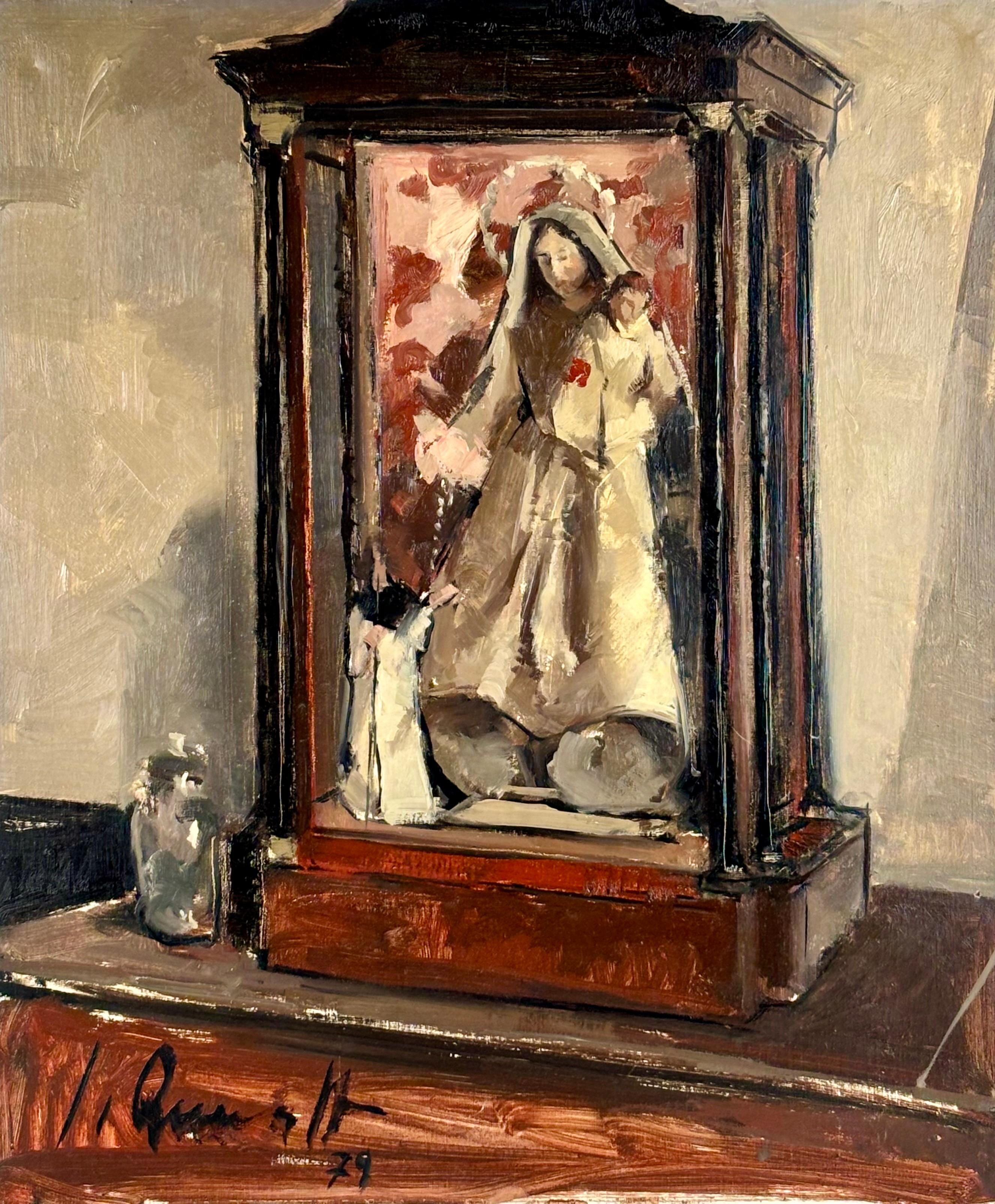 Jaume Queralt Figurative Painting - Óleo sobre tela - Año 1979 - Virgen y niño en vitrina