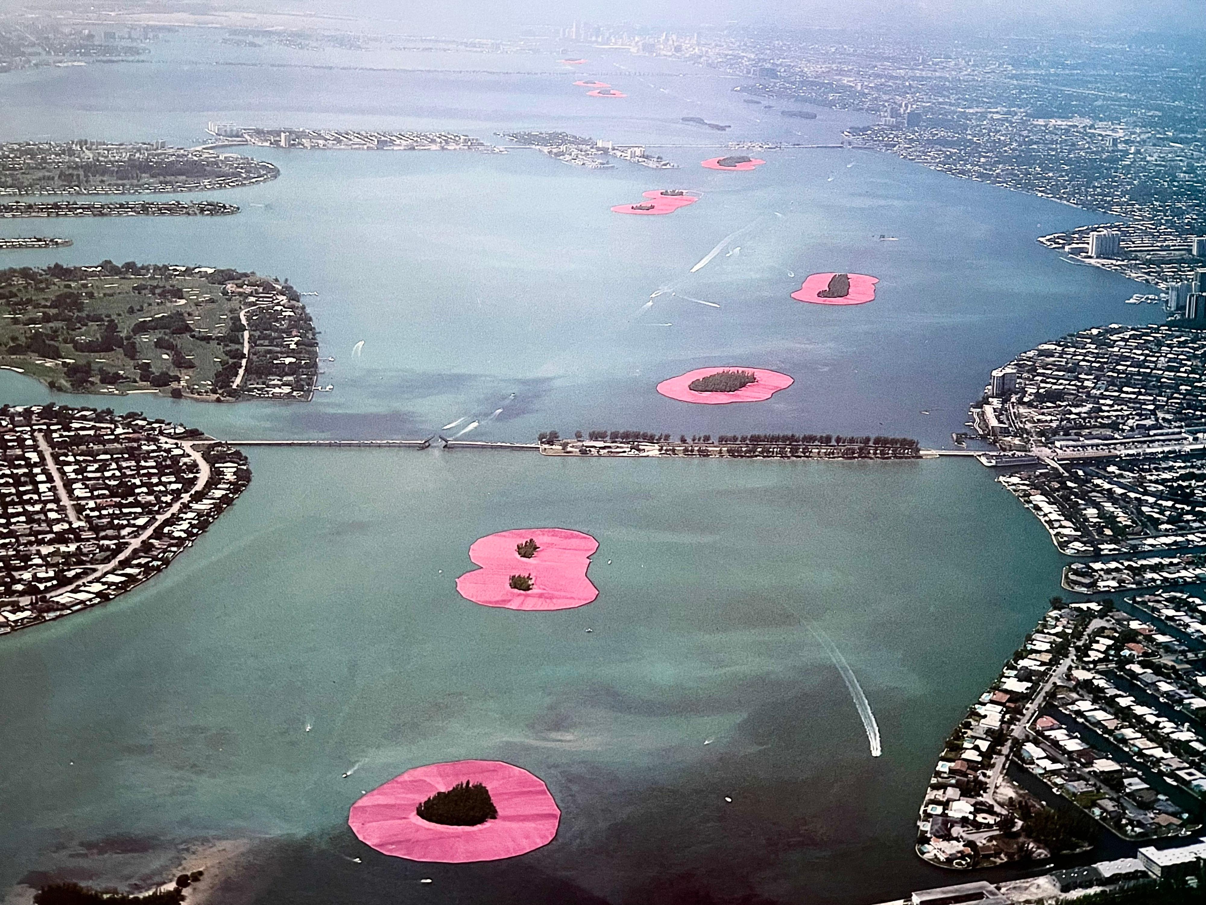 Vintage Large Hand Signed Biscayne Bay Christo Photograph Art Poster Miami Photo - Gray Landscape Photograph by Javacheff Christo