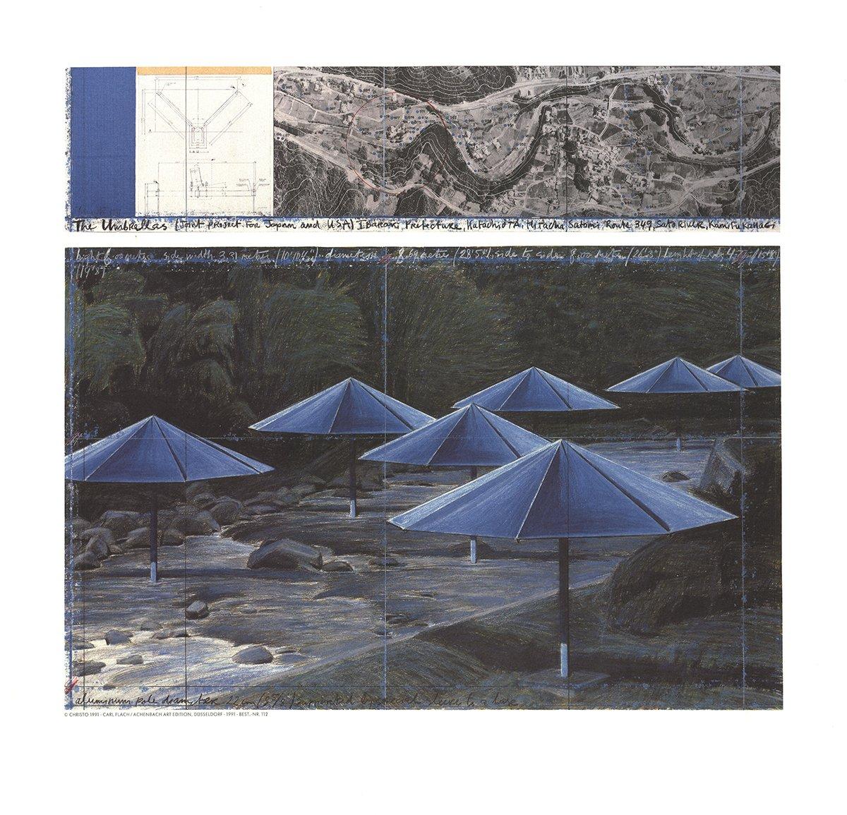 1995 Javacheff Christo 'The Blue Umbrellas' Contemporary Blue,Gray Germany Offse