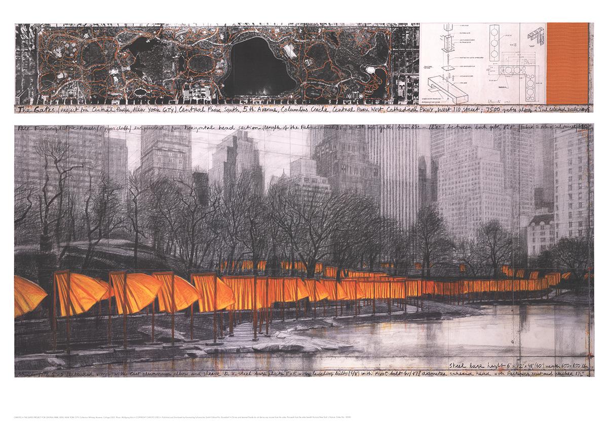The Gates was an installation in New York's Central Park completed in February 2005. It consisted of 7,503 gates with their free-hanging saffron colored fabric panels. This poster depicts the experience from both an aerial view and a view from the