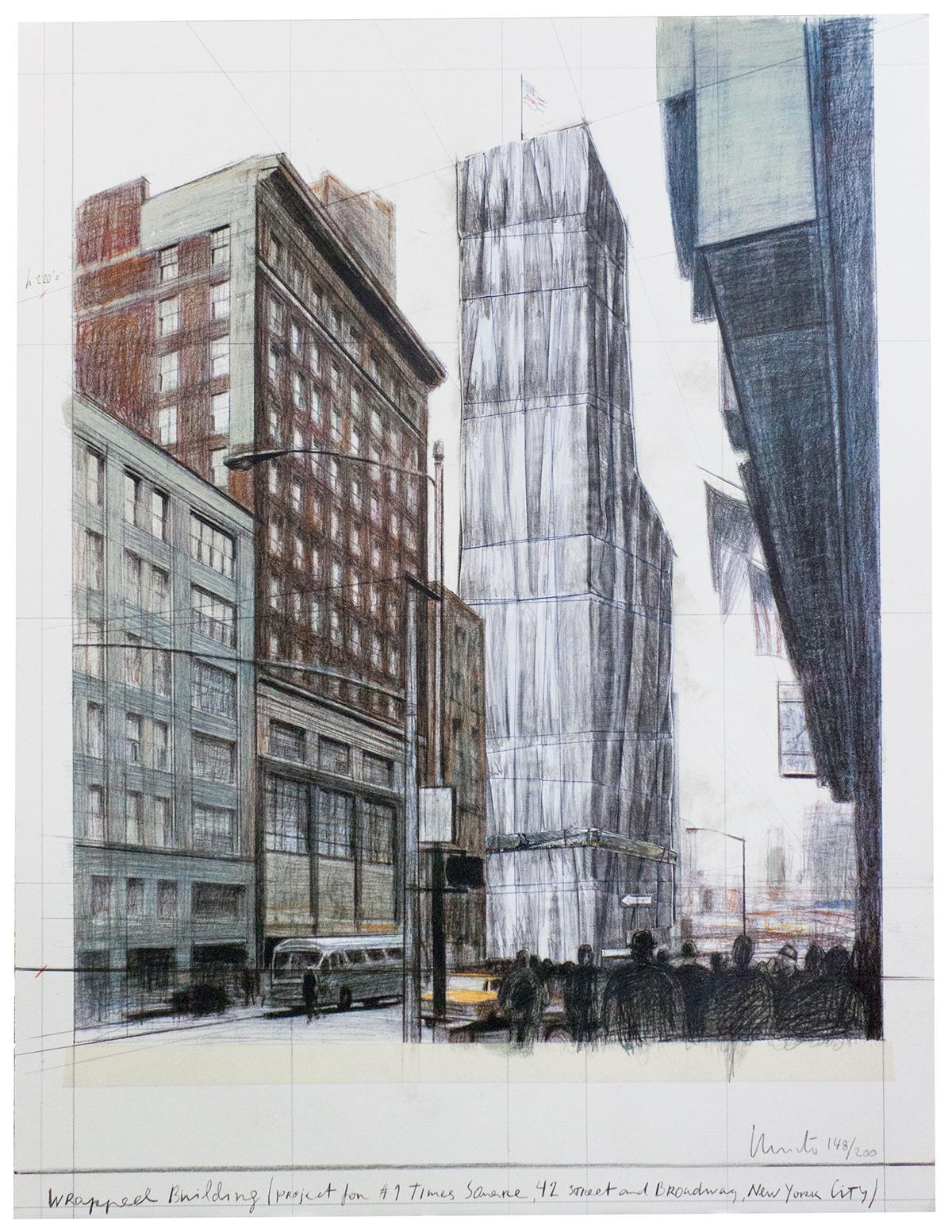 Lithograph that features a raised building made from cloth and string. Hand signed, titled and numbered out of 200 in pencil by Christo. 
Lithograph, screenprint in colors with collage of broadcloth and thread/Somerset White paper/board.