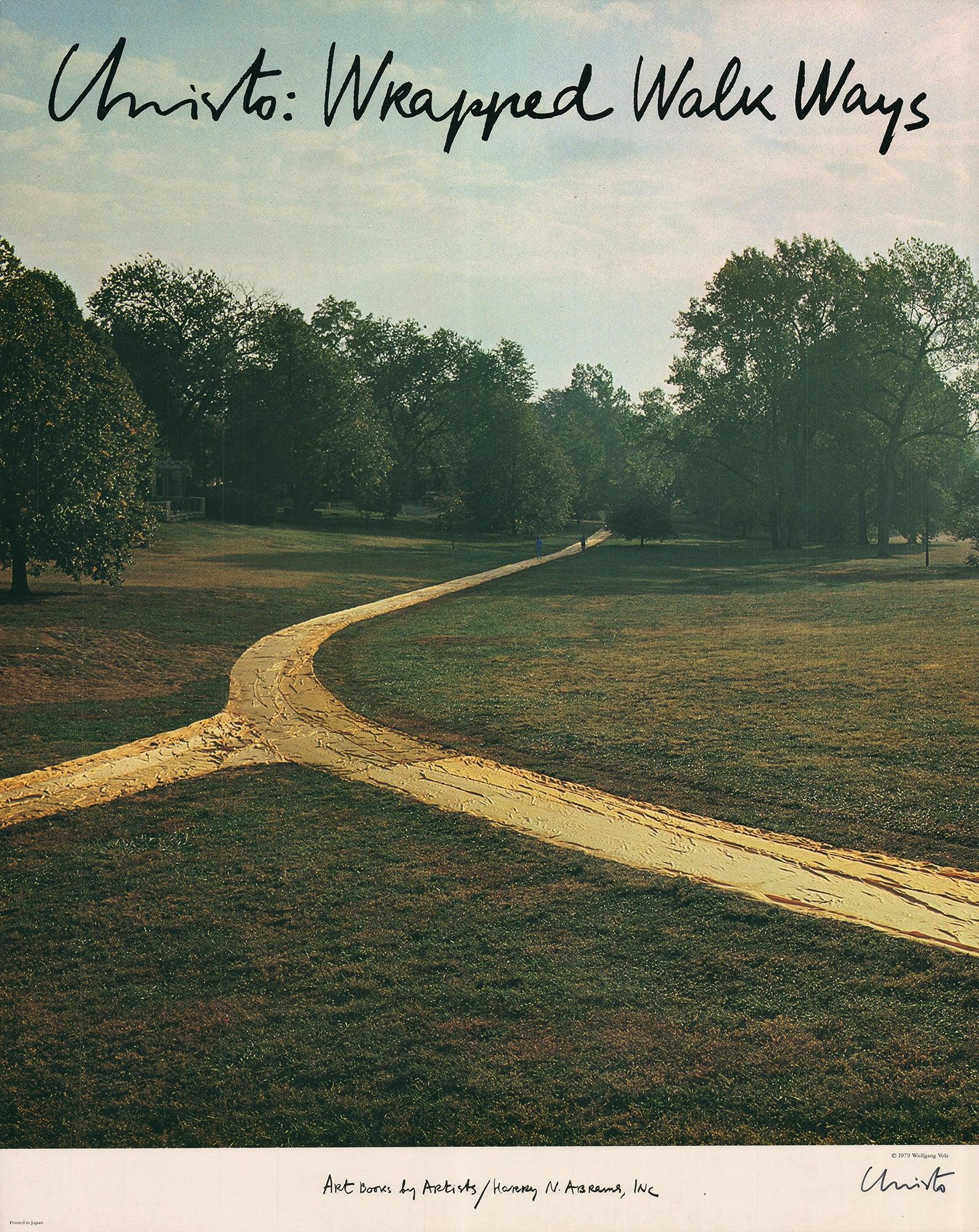 Striking original exhibition poster documenting Christo’s monumental environmental installation Wrapped Walk Ways, realized in Kansas City’s Loose Park in 1977–78. For this project, Christo and Jeanne-Claude wrapped 2.7 miles of park walkways in a