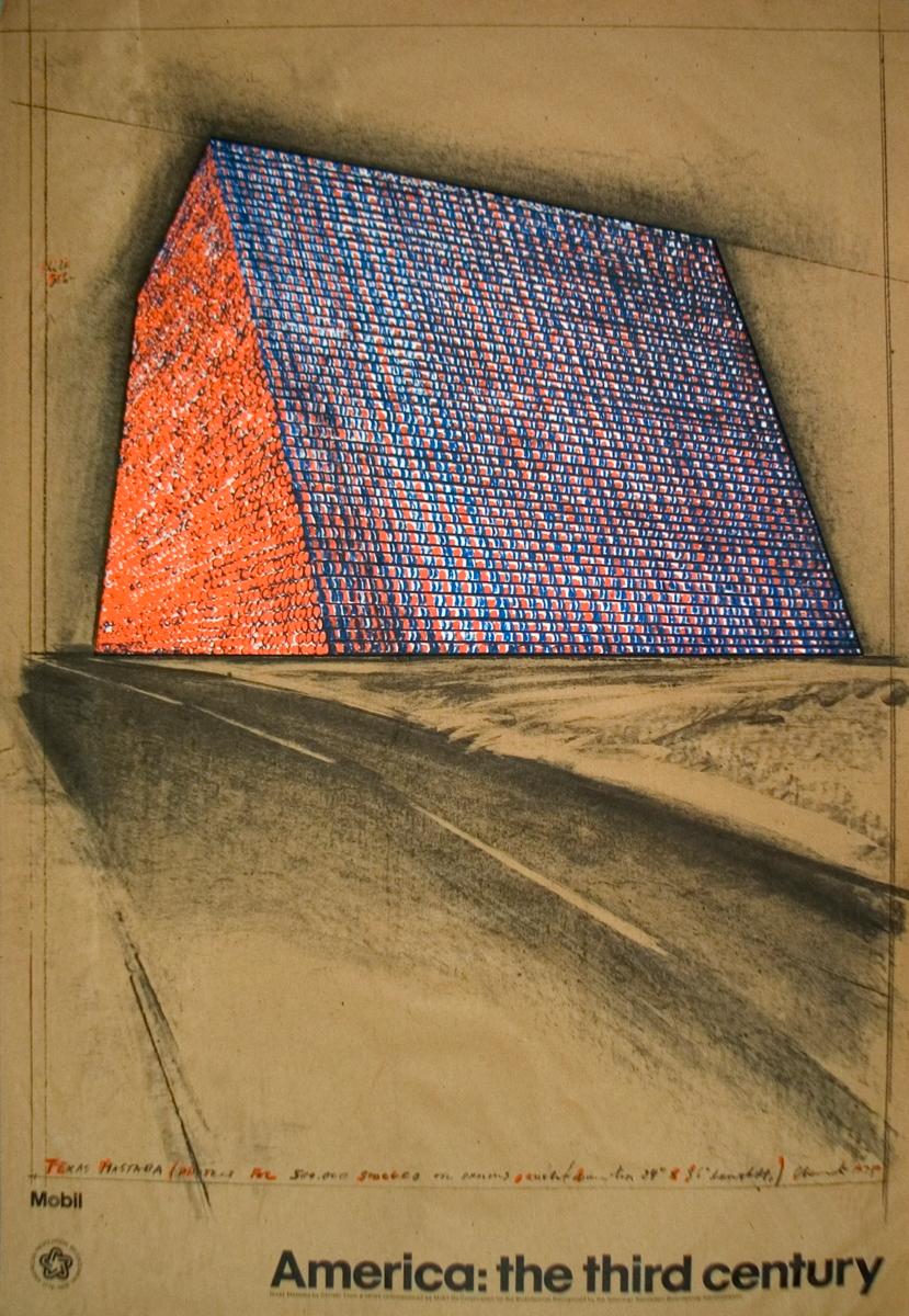 This first edition poster titled "Wrapped Oil Barrels, Texas" is an earlier work by Christo, commissioned by Mobil Oil Corporation for the American Bicentennial. Recognized by the American Revolution Bicentennial Administration, this poster captures