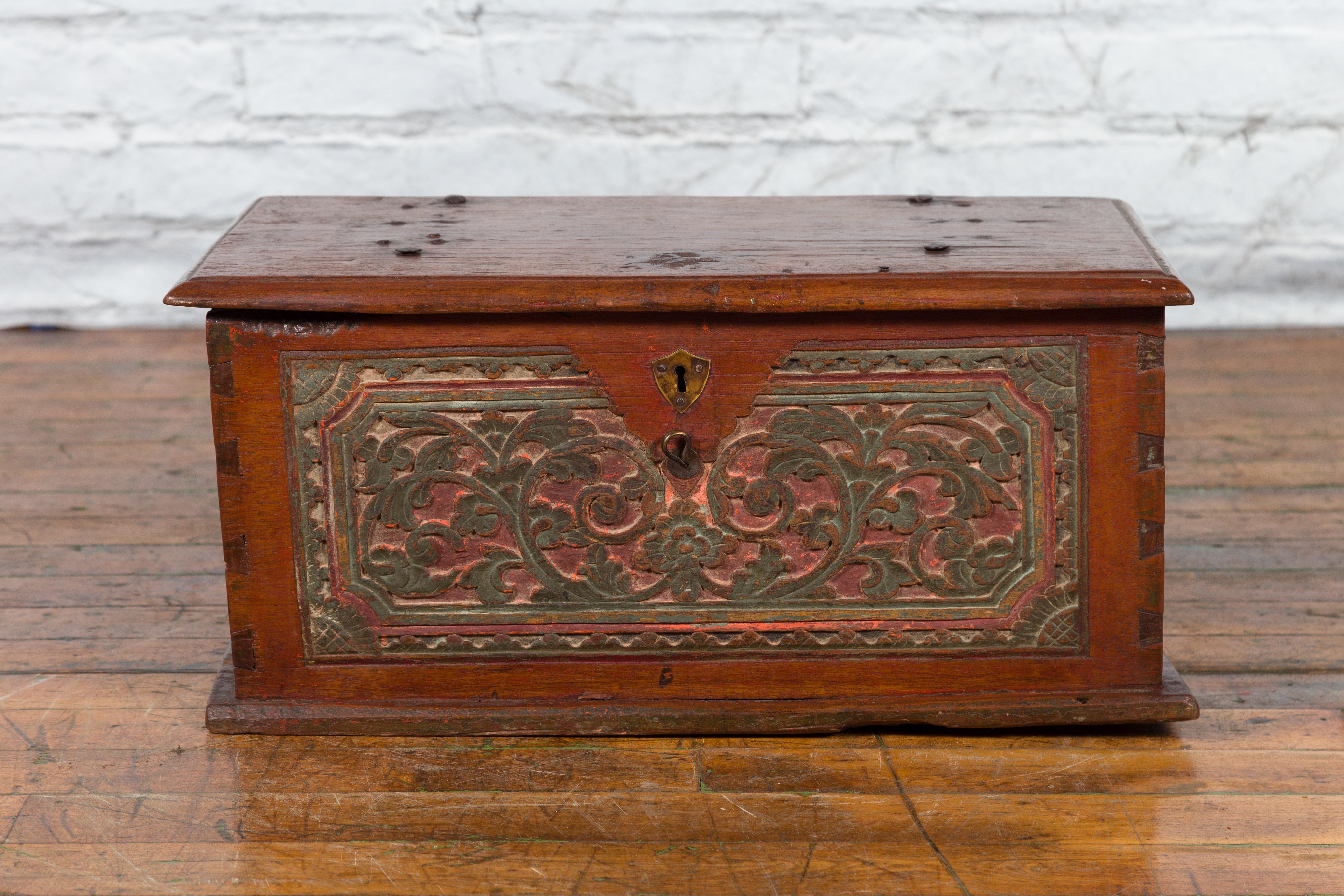 Javanese 19th Century Teak Carved Trunk with Green and Red Painted Accents 1