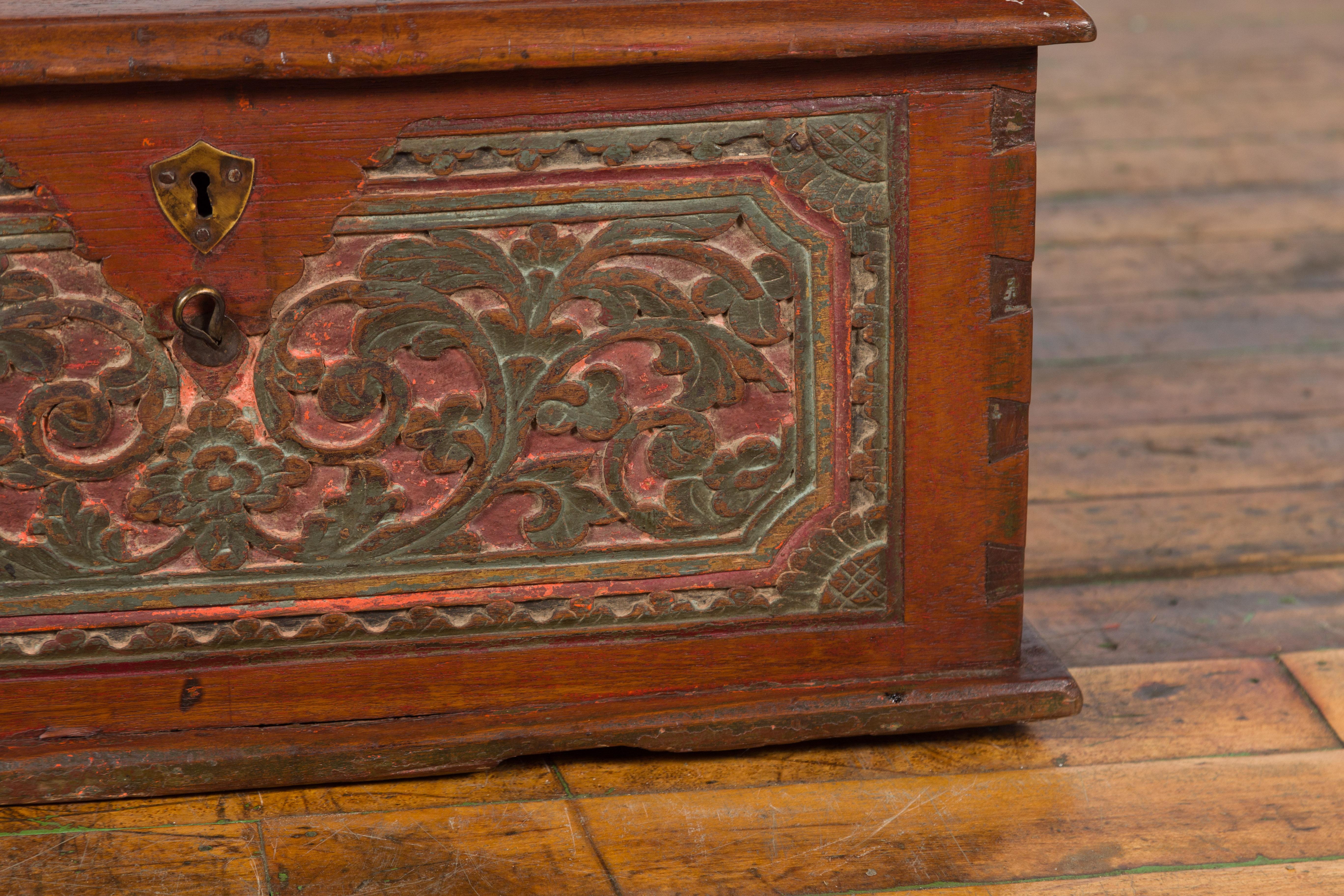 Javanese 19th Century Teak Carved Trunk with Green and Red Painted Accents 5