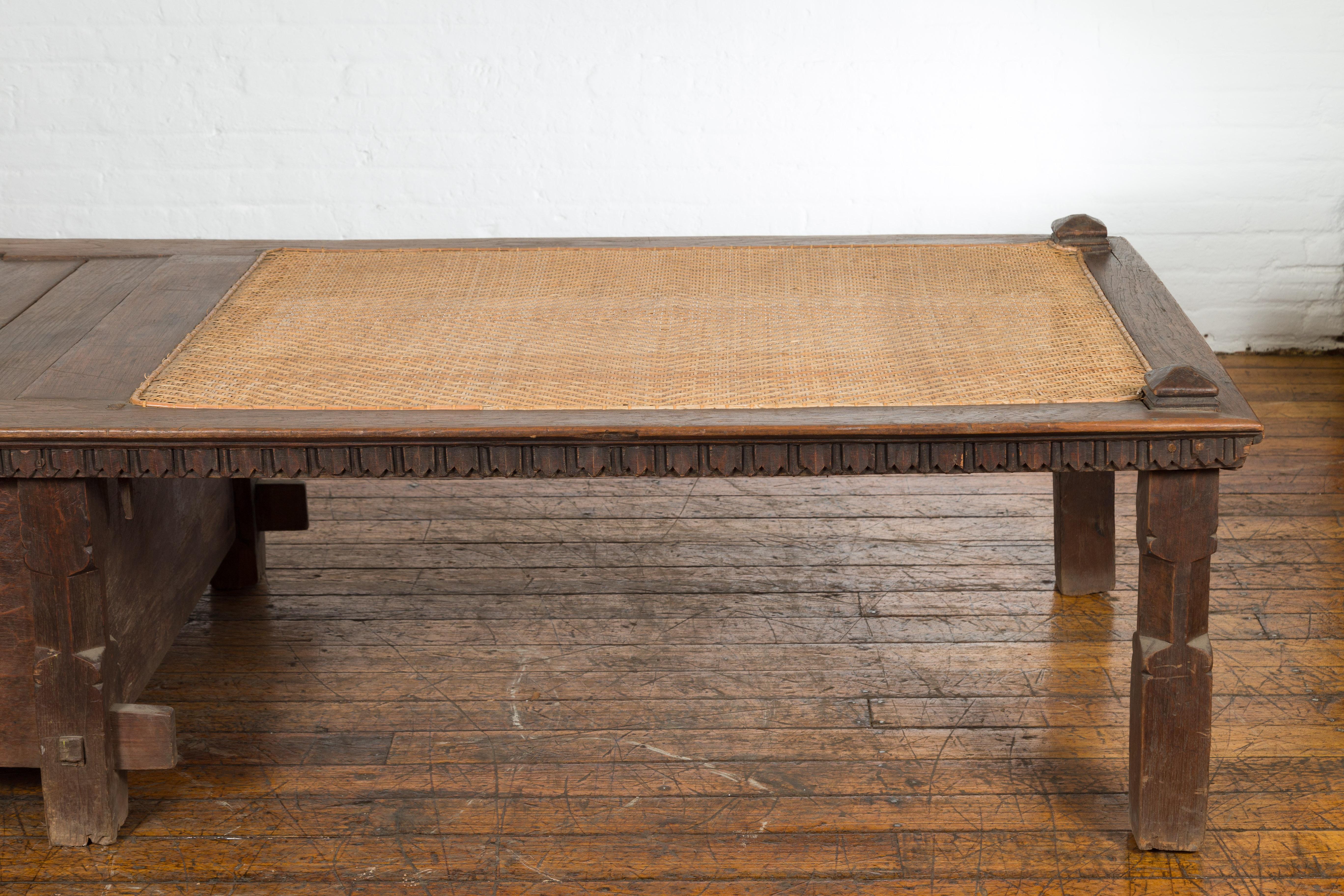 Rustic Javanese 19th Century Teak Wood Daybed with Storage and Hand Woven Rattan For Sale