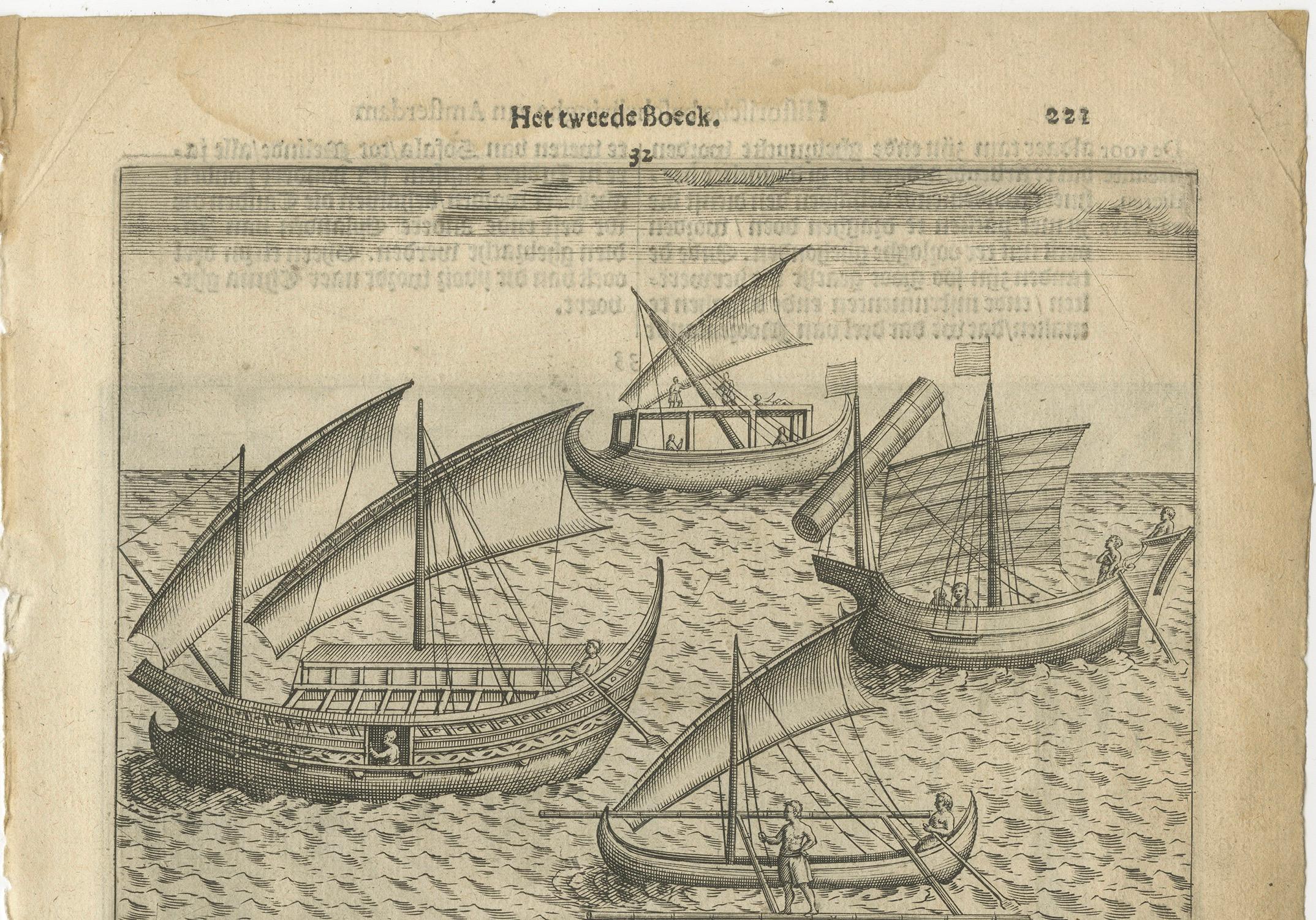 Dutch Javanese and Malay Ships near Bantam, from Pontanus’ Amsterdam History, 1611 For Sale