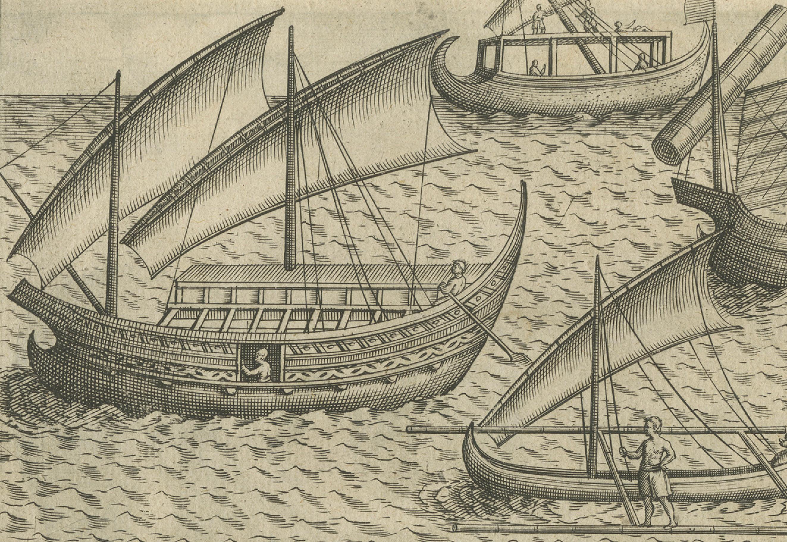 Javanese and Malay Ships near Bantam, from Pontanus’ Amsterdam History, 1611 In Good Condition For Sale In Langweer, NL