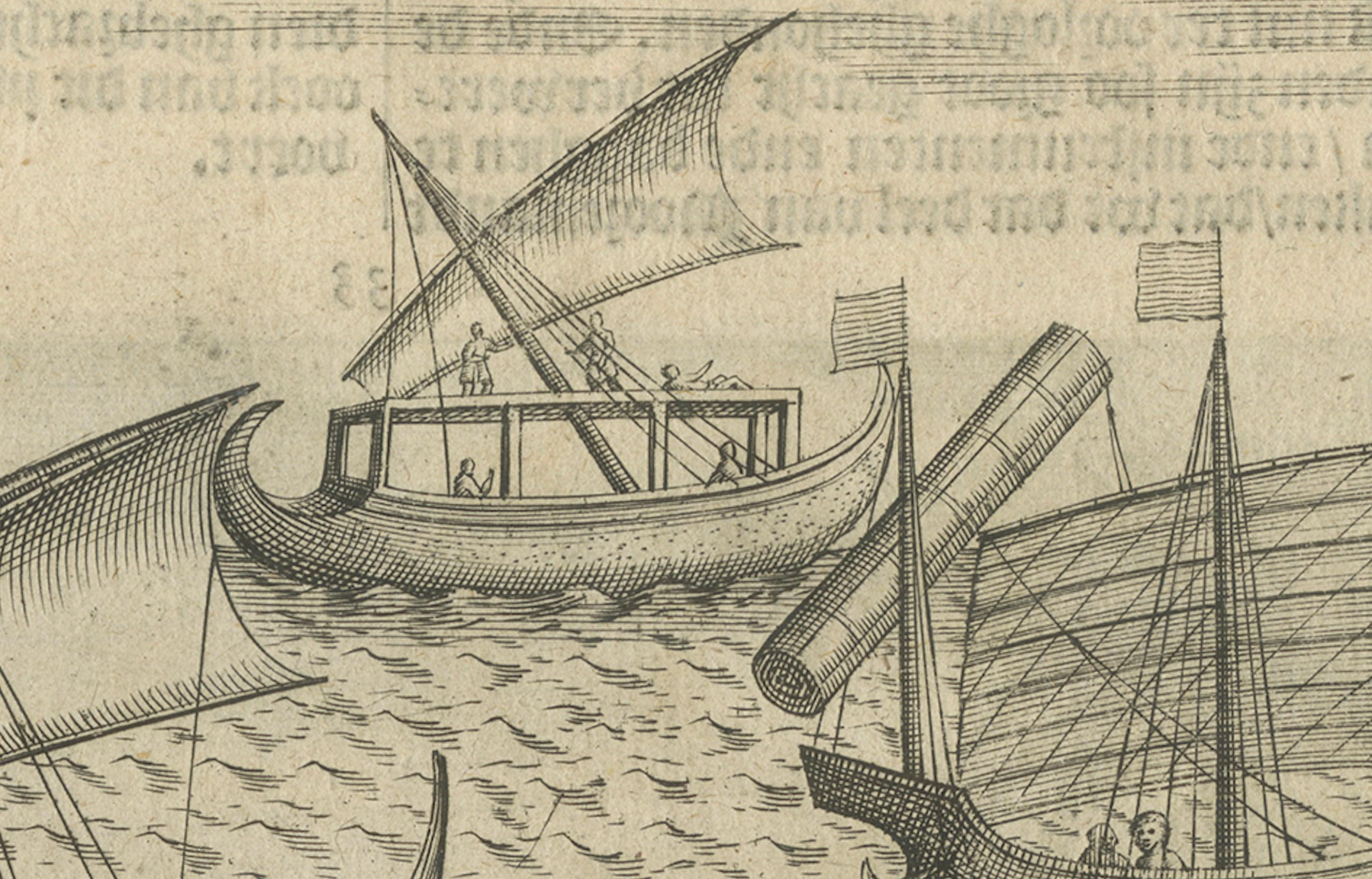17th Century Javanese and Malay Ships near Bantam, from Pontanus’ Amsterdam History, 1611 For Sale