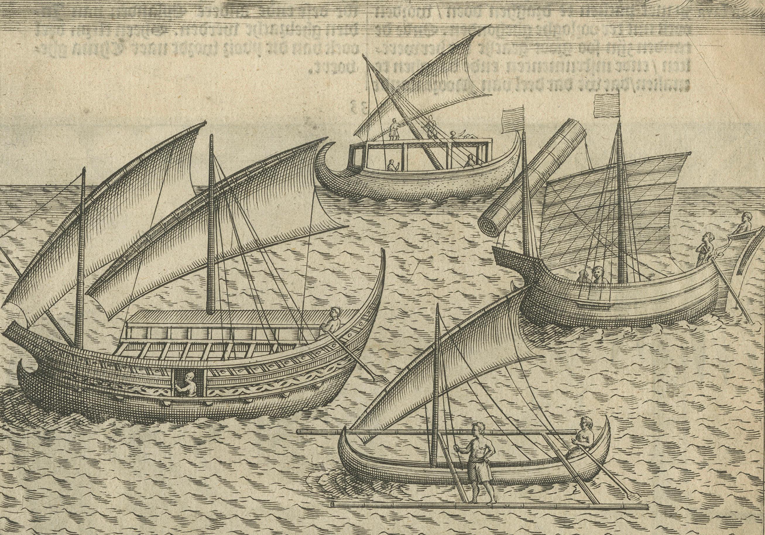 Paper Javanese and Malay Ships near Bantam, from Pontanus’ Amsterdam History, 1611 For Sale