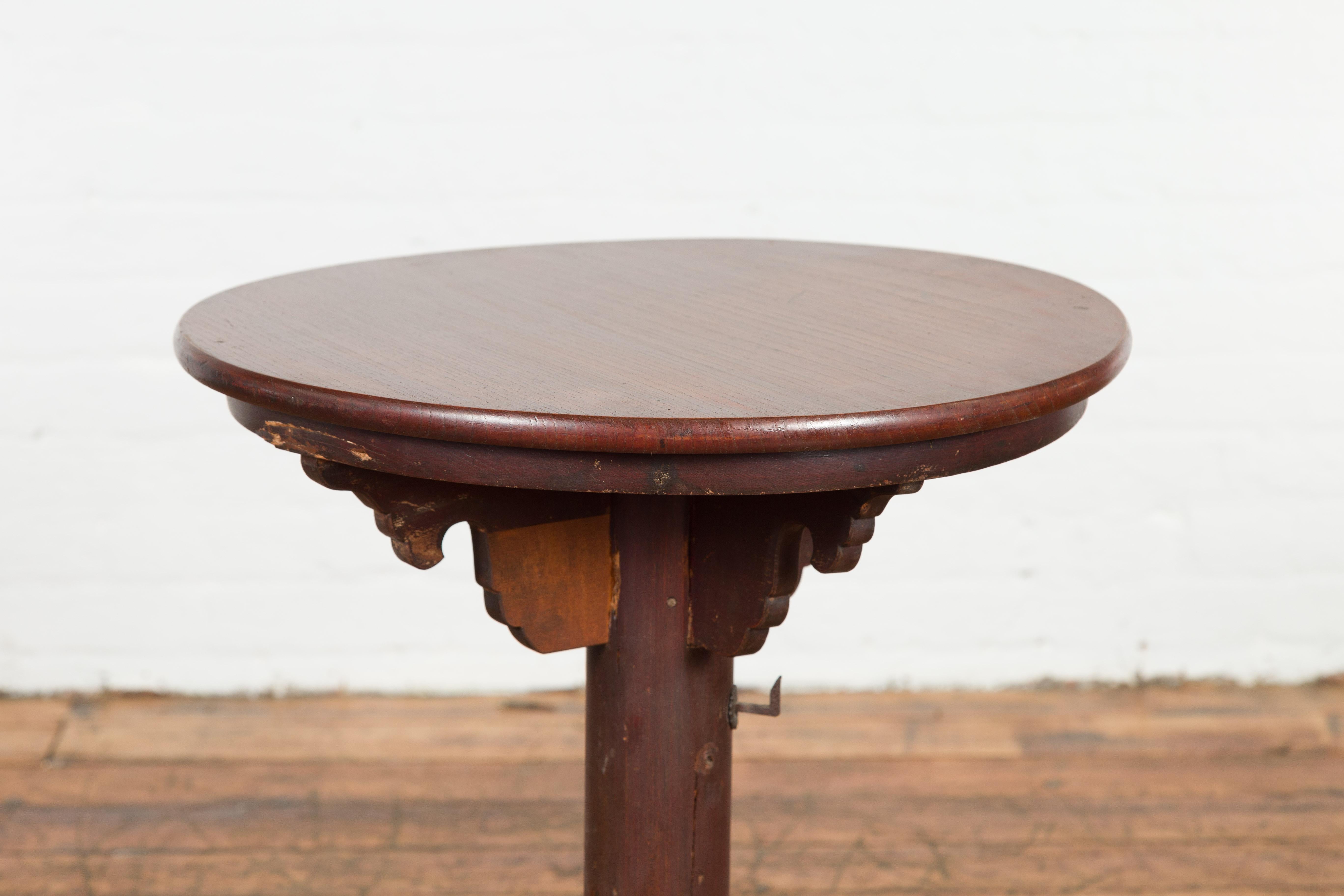 Wood Small Antique Pedestal End Table with Round Top  For Sale