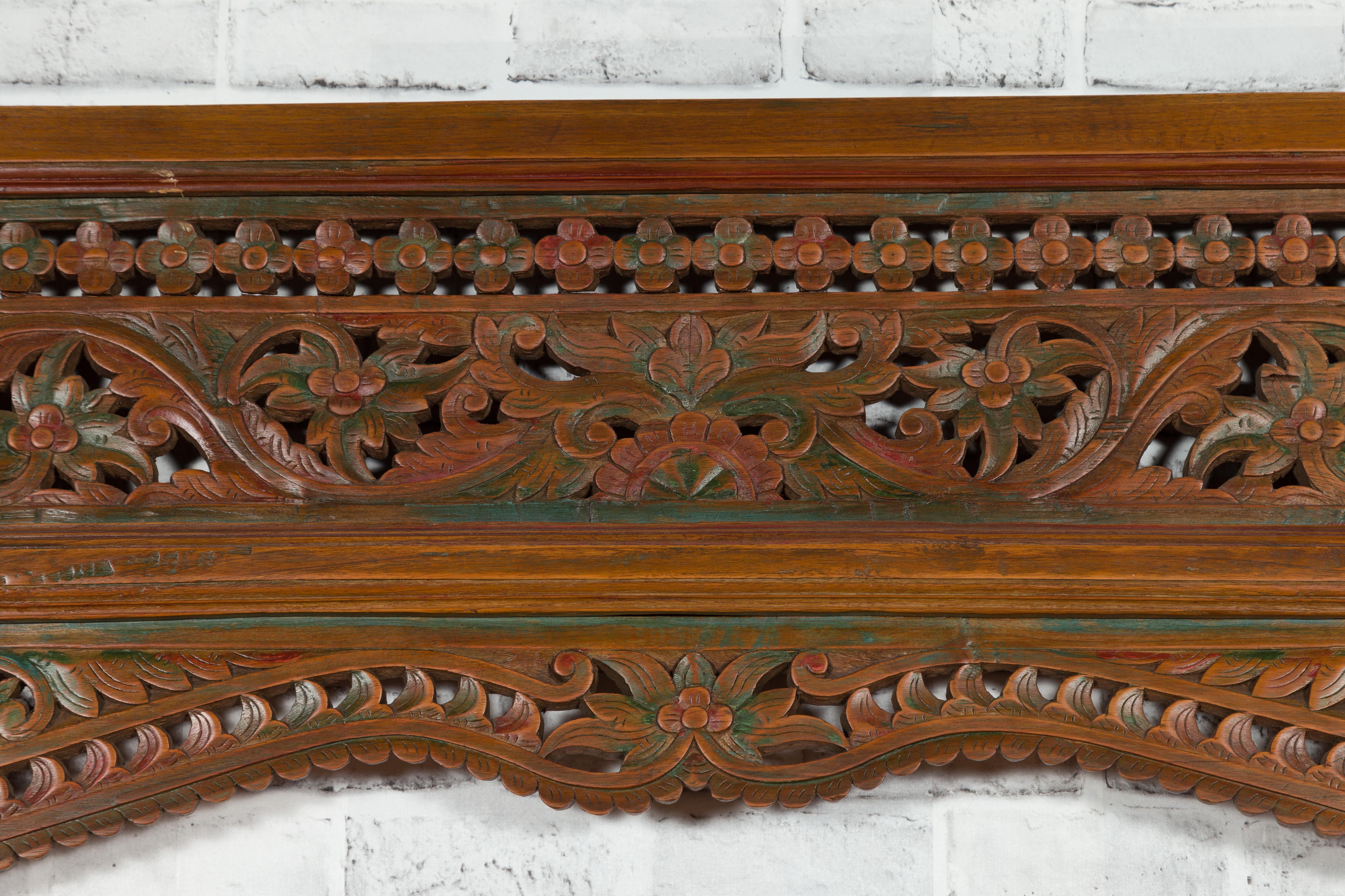 Javanese Architectural Panel with Carved Floral Motifs and Polychrome Accents For Sale 5