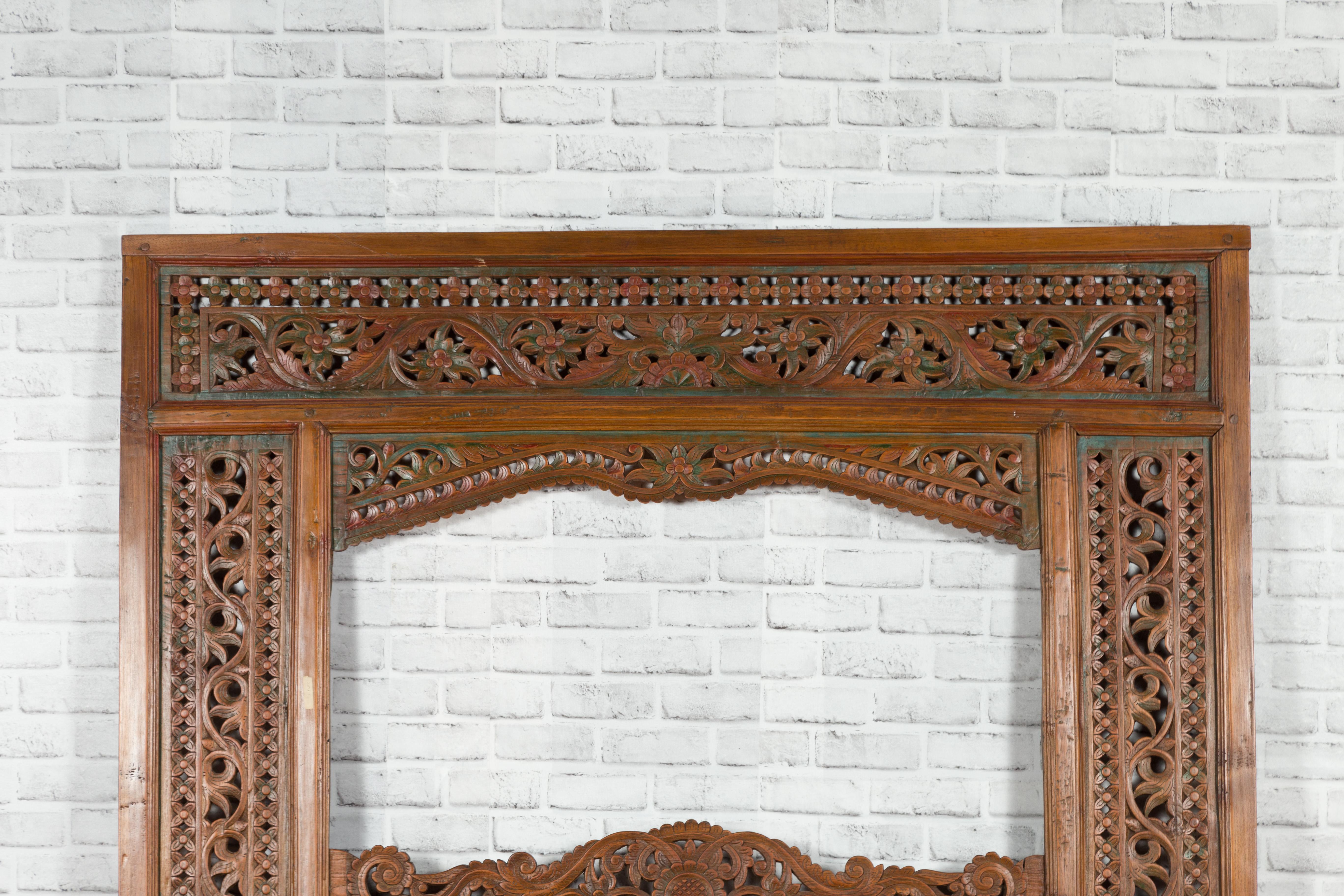20th Century Javanese Architectural Panel with Carved Floral Motifs and Polychrome Accents For Sale