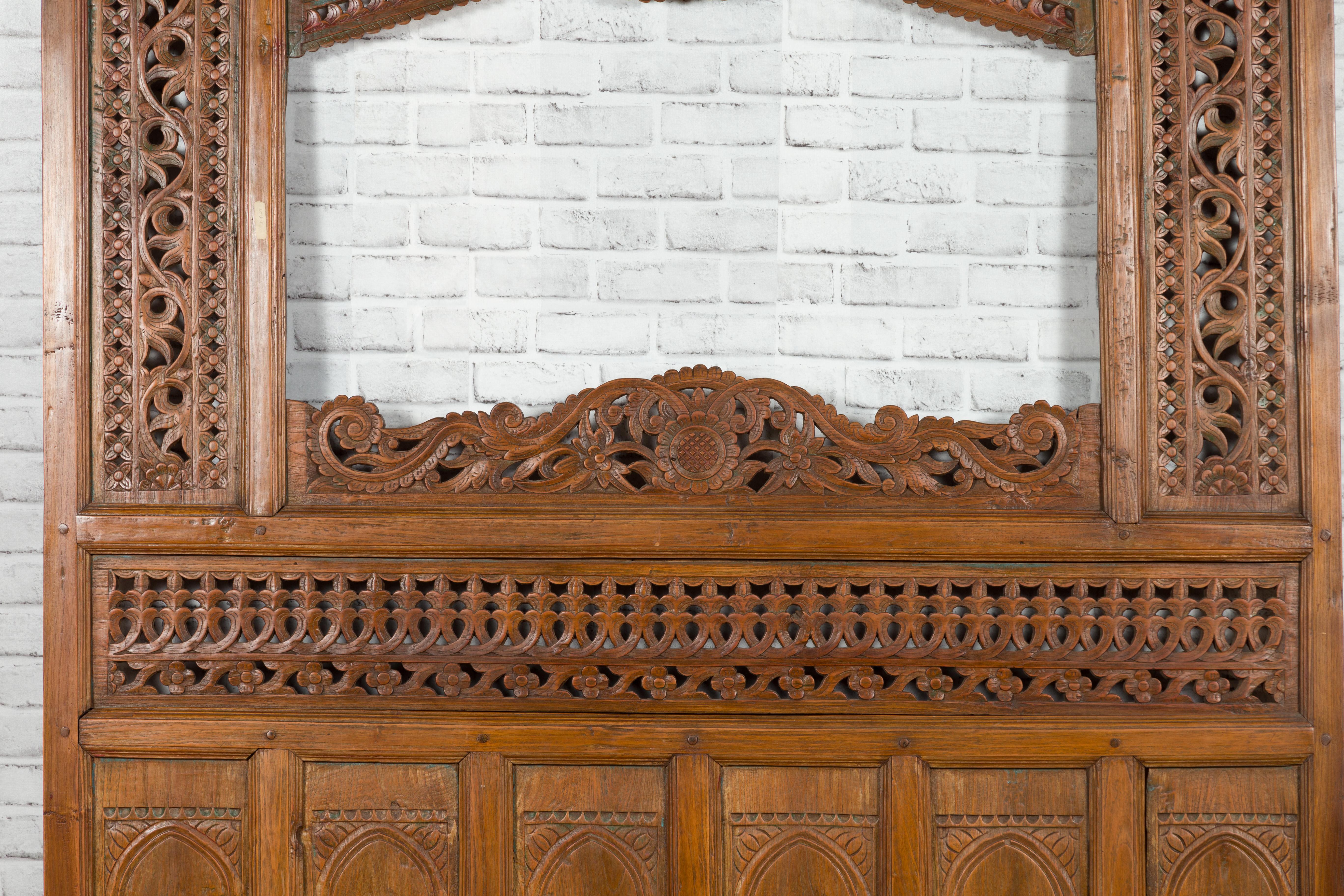 Wood Javanese Architectural Panel with Carved Floral Motifs and Polychrome Accents For Sale