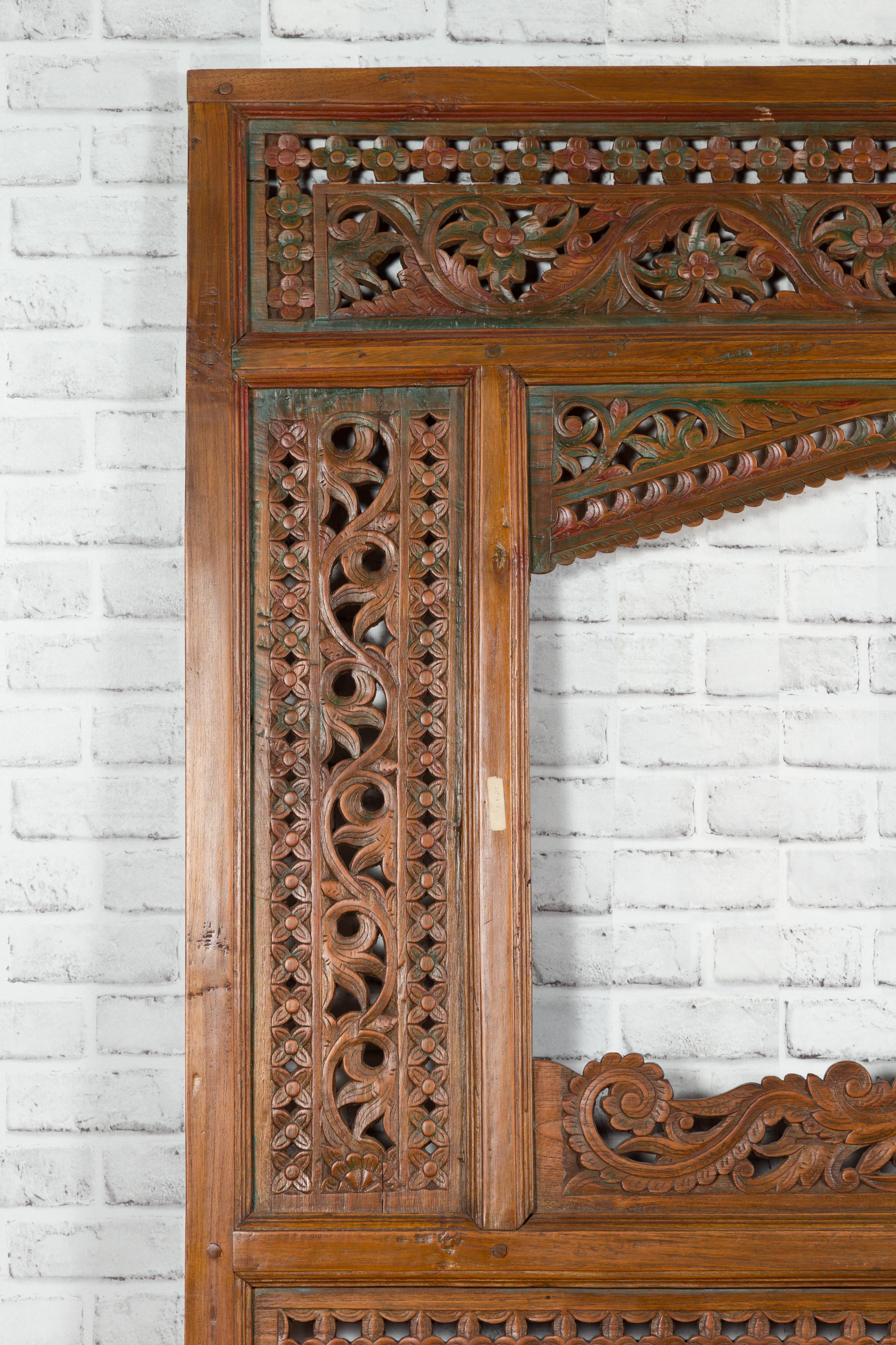 Javanese Architectural Panel with Carved Floral Motifs and Polychrome Accents For Sale 2
