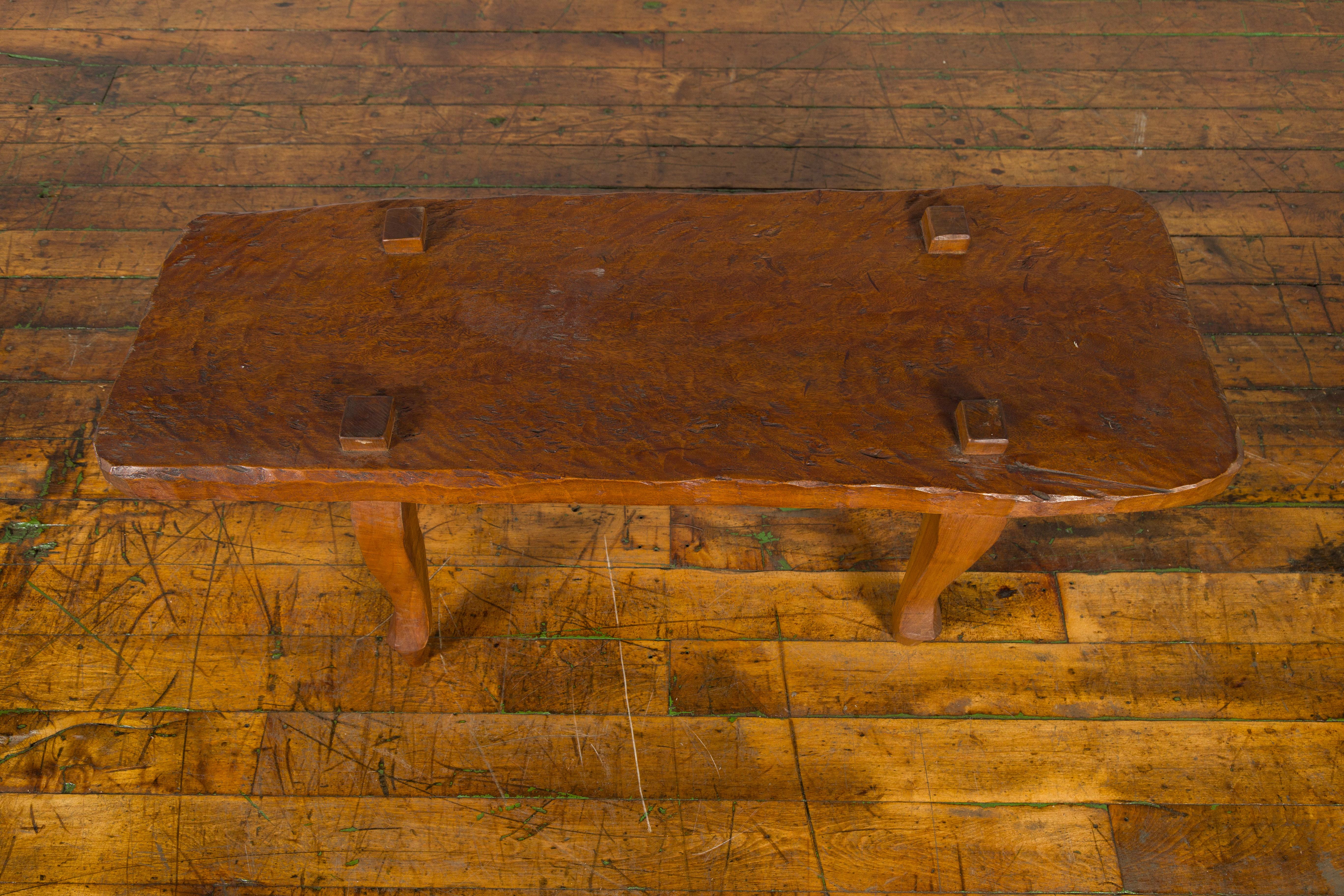 Javanese Arts & Crafts Teak Table with Recessed Legs and Distressed Appearance In Good Condition For Sale In Yonkers, NY