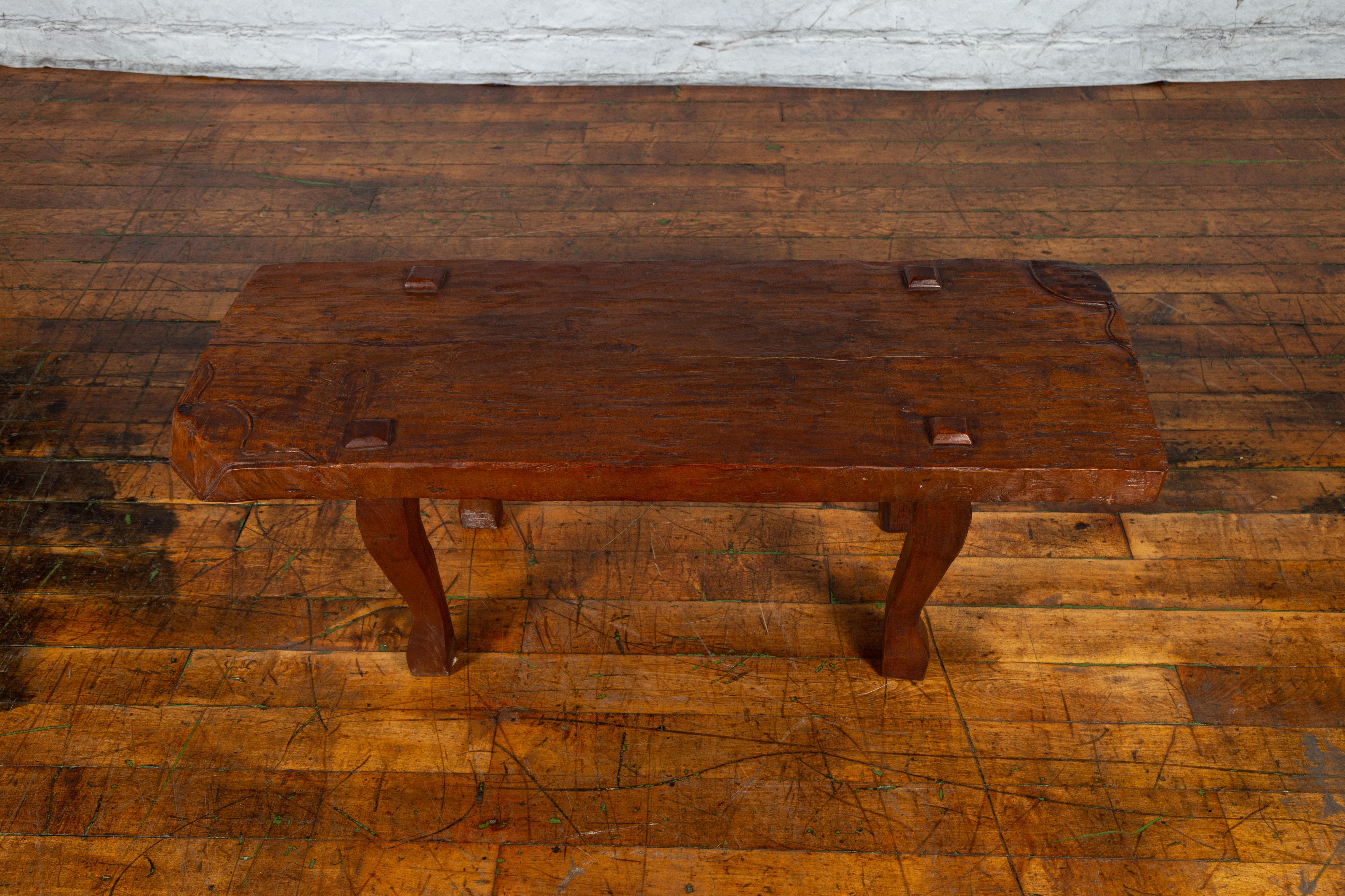 Javanese Arts & Crafts Teak Table with Recessed Legs and Distressed Appearance For Sale 3