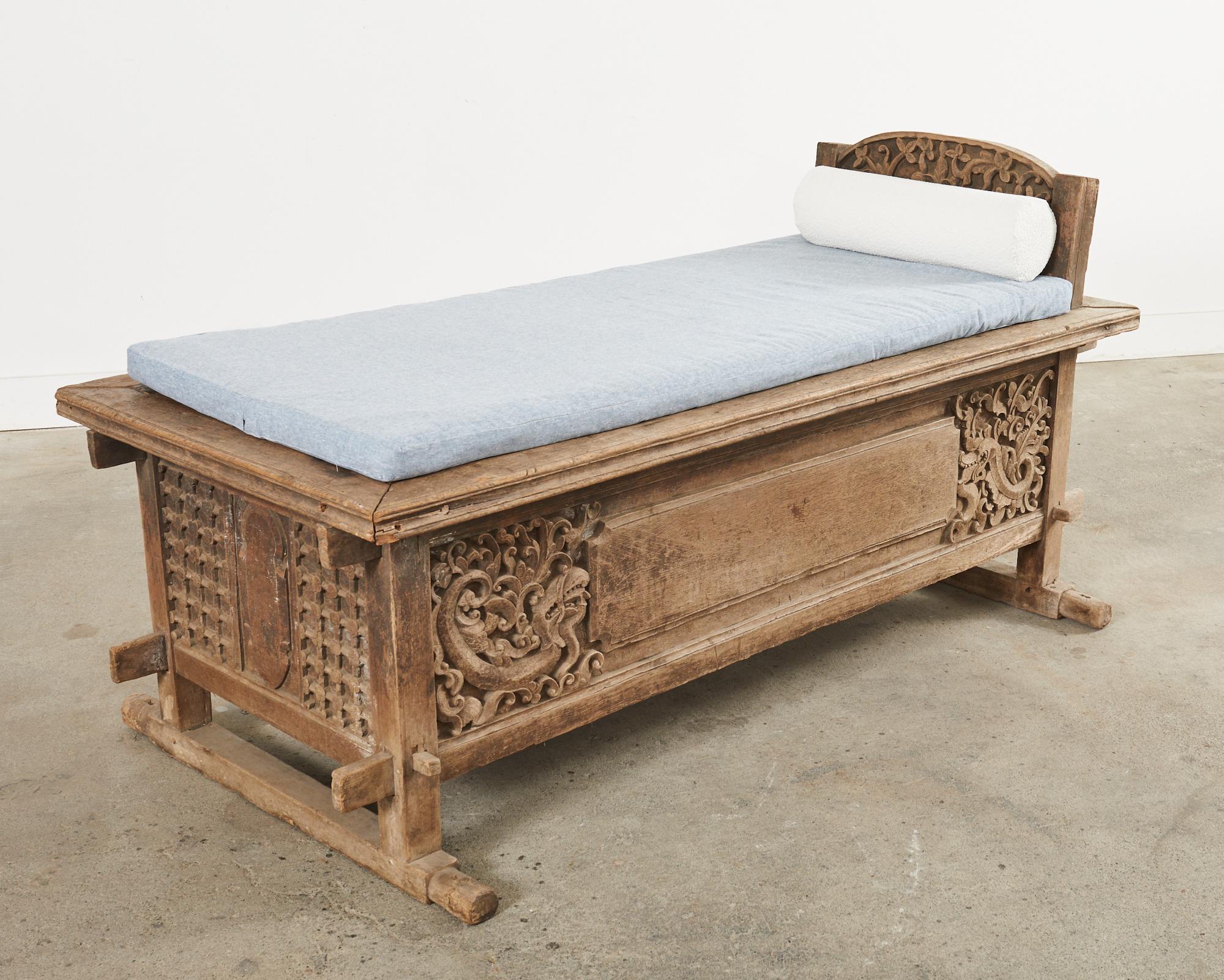 Primitive Javanese Carved Teak Indo Wedding Chest Daybed from Bali For Sale