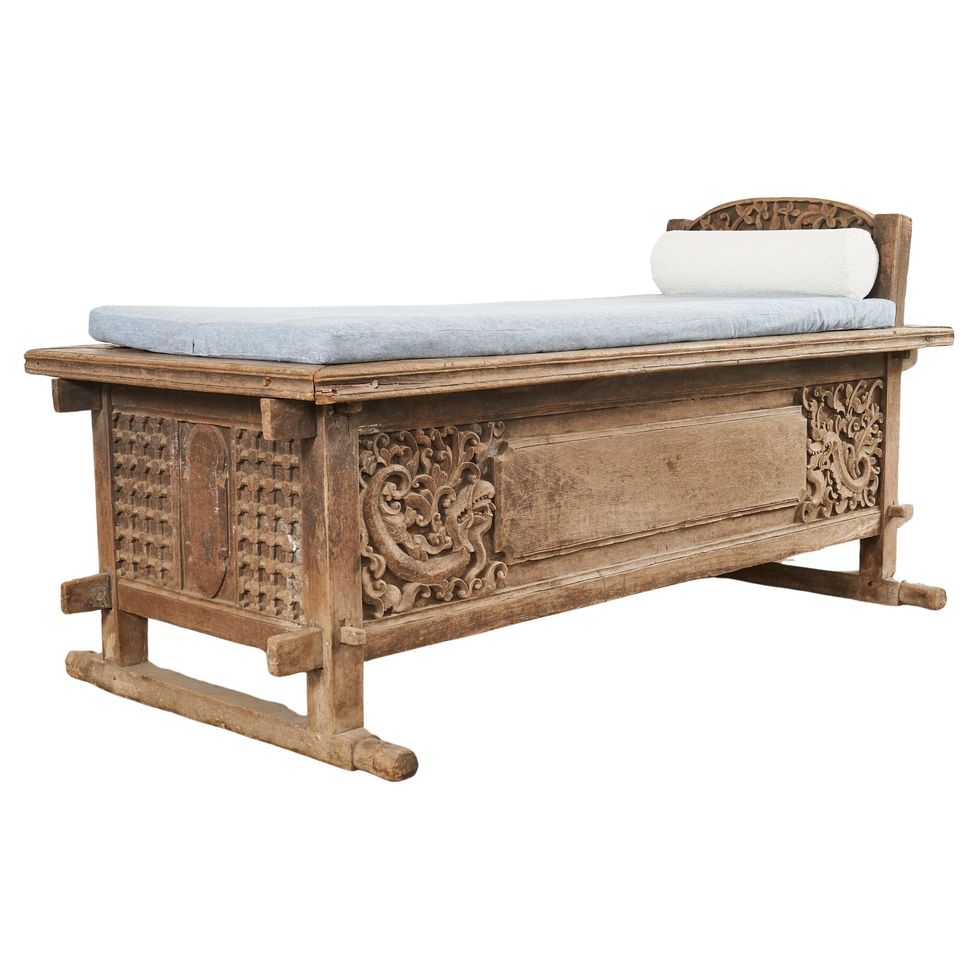 Javanese Carved Teak Indo Wedding Chest Daybed from Bali For Sale
