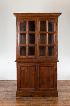 Javanese Dutch Colonial Two Part Display Corner Cabinet with Glass Doors