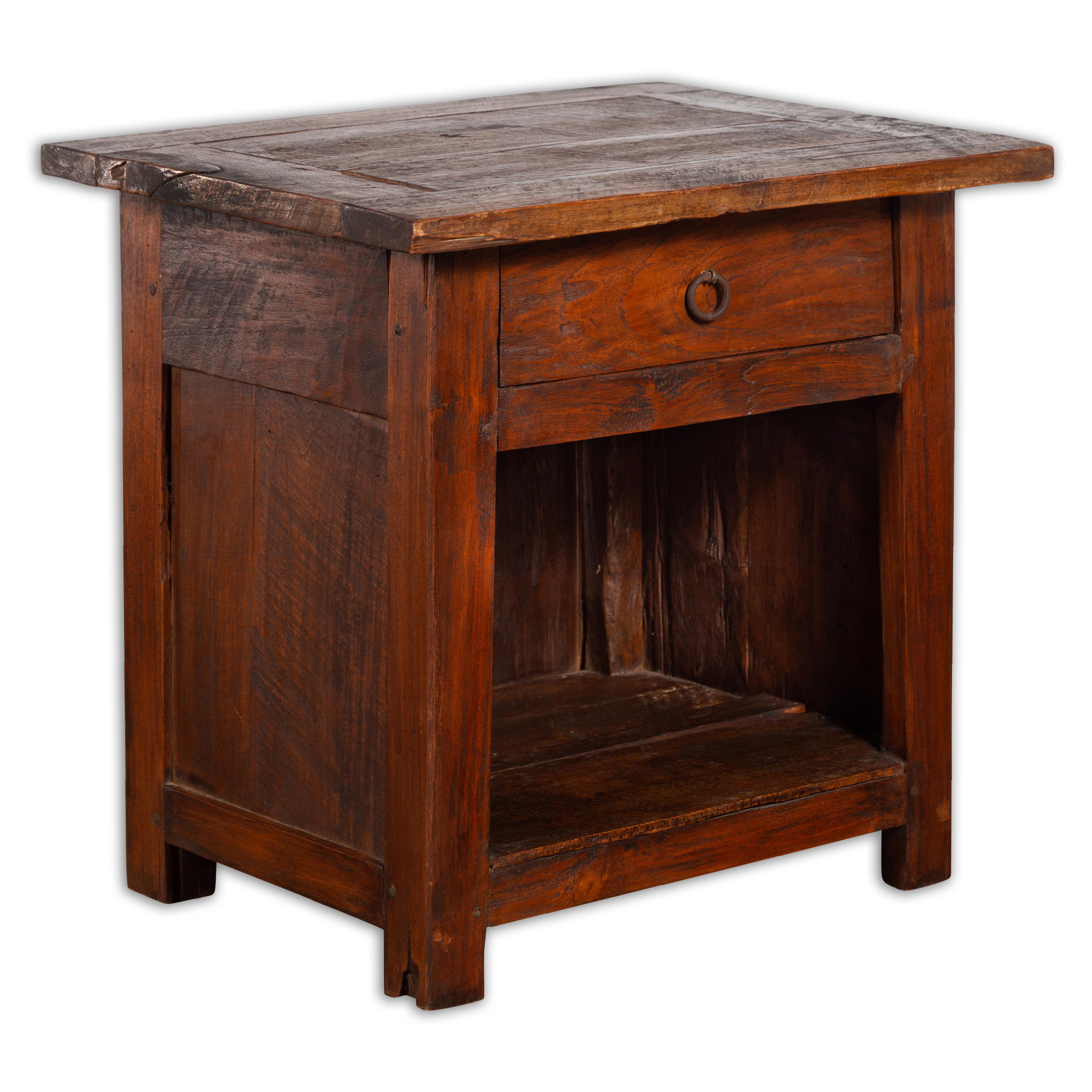 Javanese Early 20th Century Rustic Bedside Cabinet with Drawer and Open Shelf For Sale 8