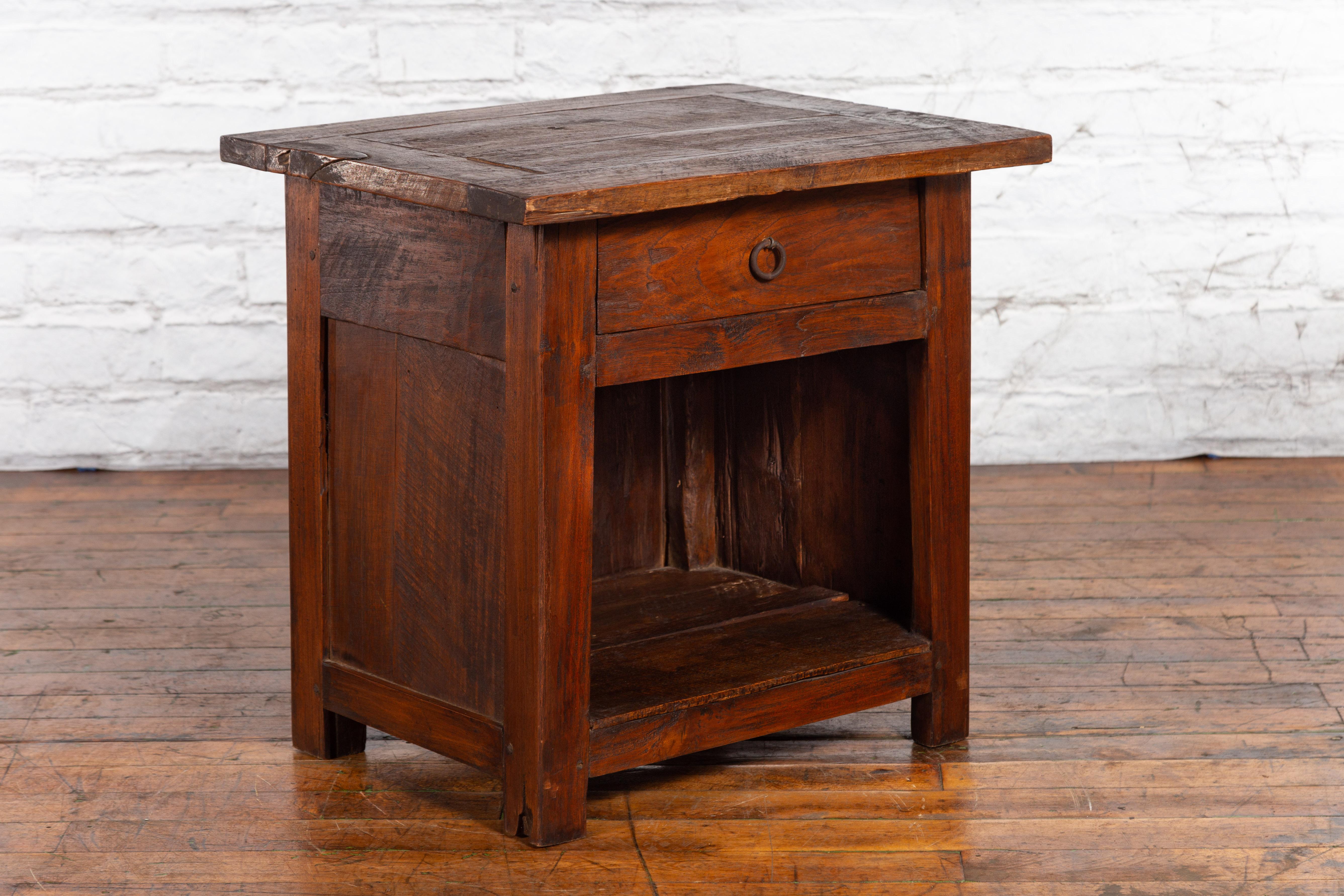Javanese Early 20th Century Rustic Bedside Cabinet with Drawer and Open Shelf In Good Condition For Sale In Yonkers, NY