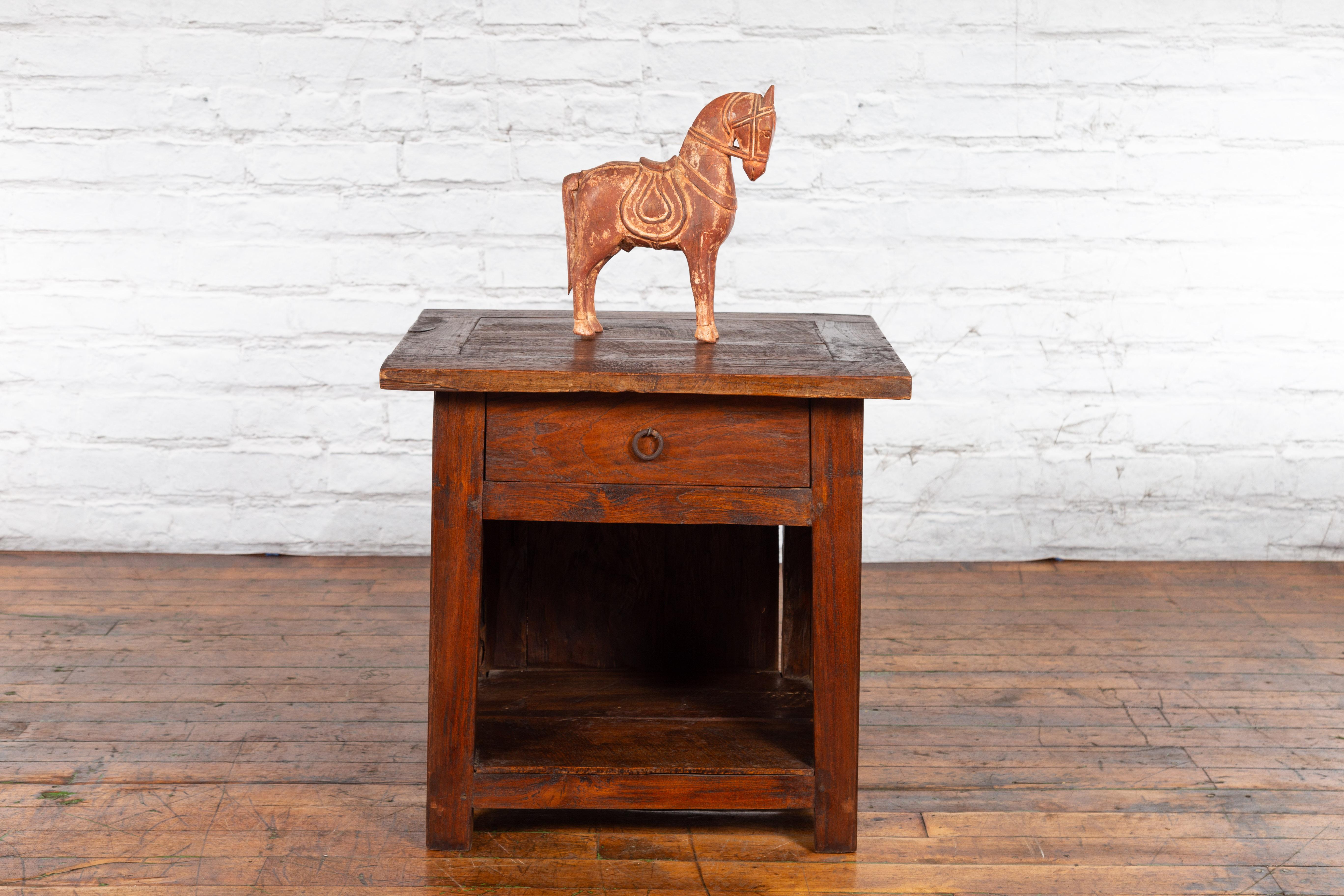 Wood Javanese Early 20th Century Rustic Bedside Cabinet with Drawer and Open Shelf For Sale