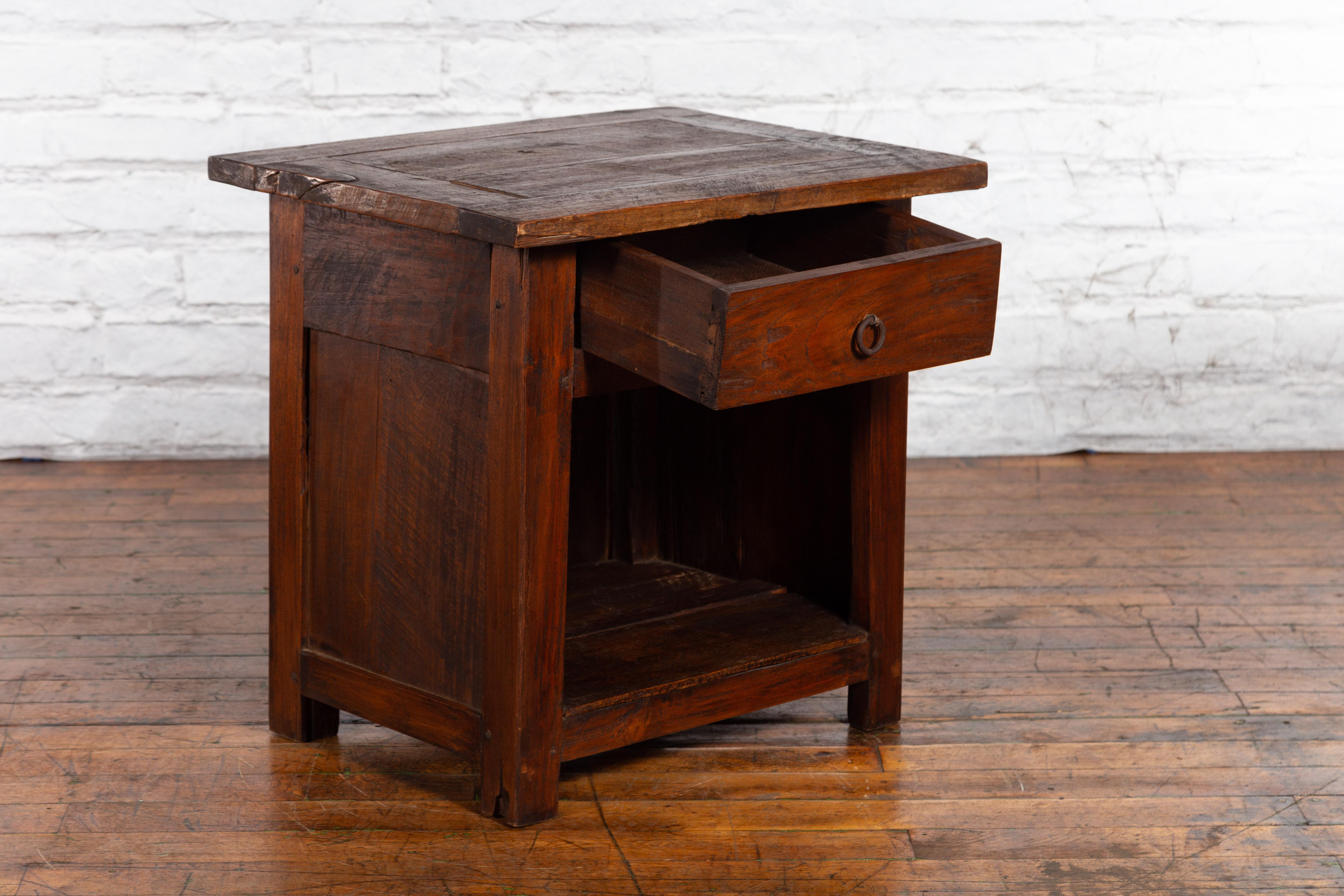 Javanese Early 20th Century Rustic Bedside Cabinet with Drawer and Open Shelf For Sale 1