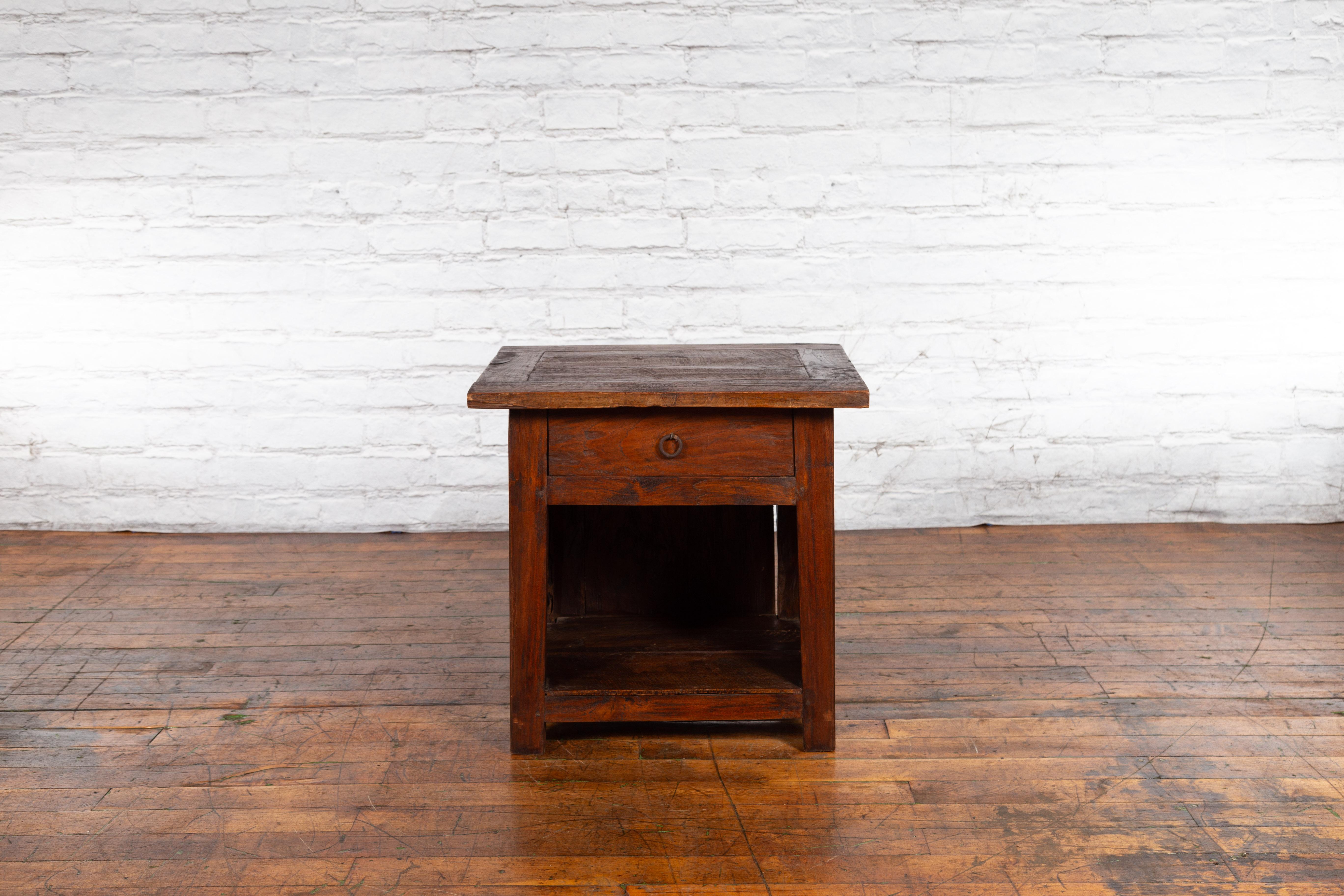 Javanese Early 20th Century Rustic Bedside Cabinet with Drawer and Open Shelf For Sale 2