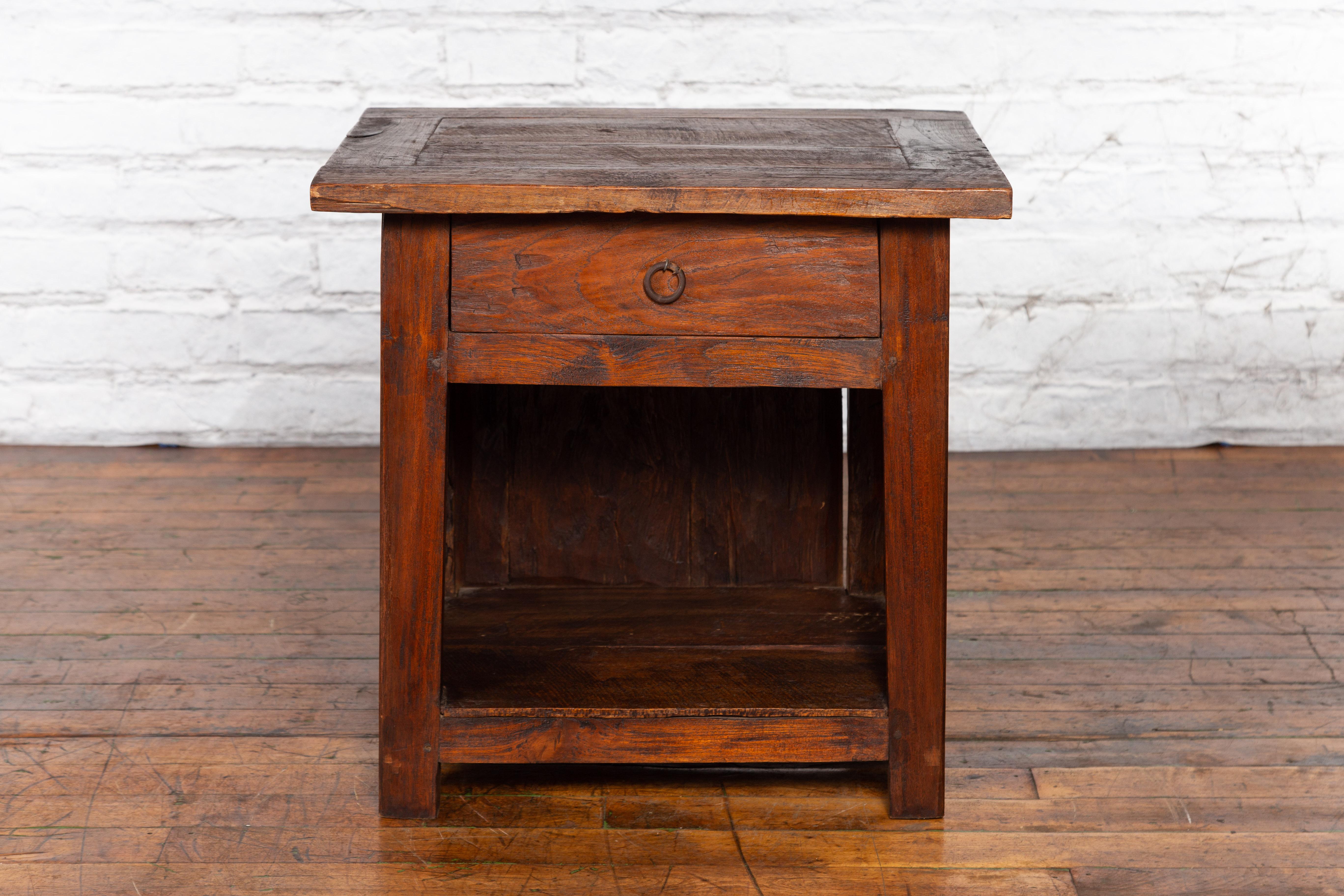 Javanese Early 20th Century Rustic Bedside Cabinet with Drawer and Open Shelf For Sale 3