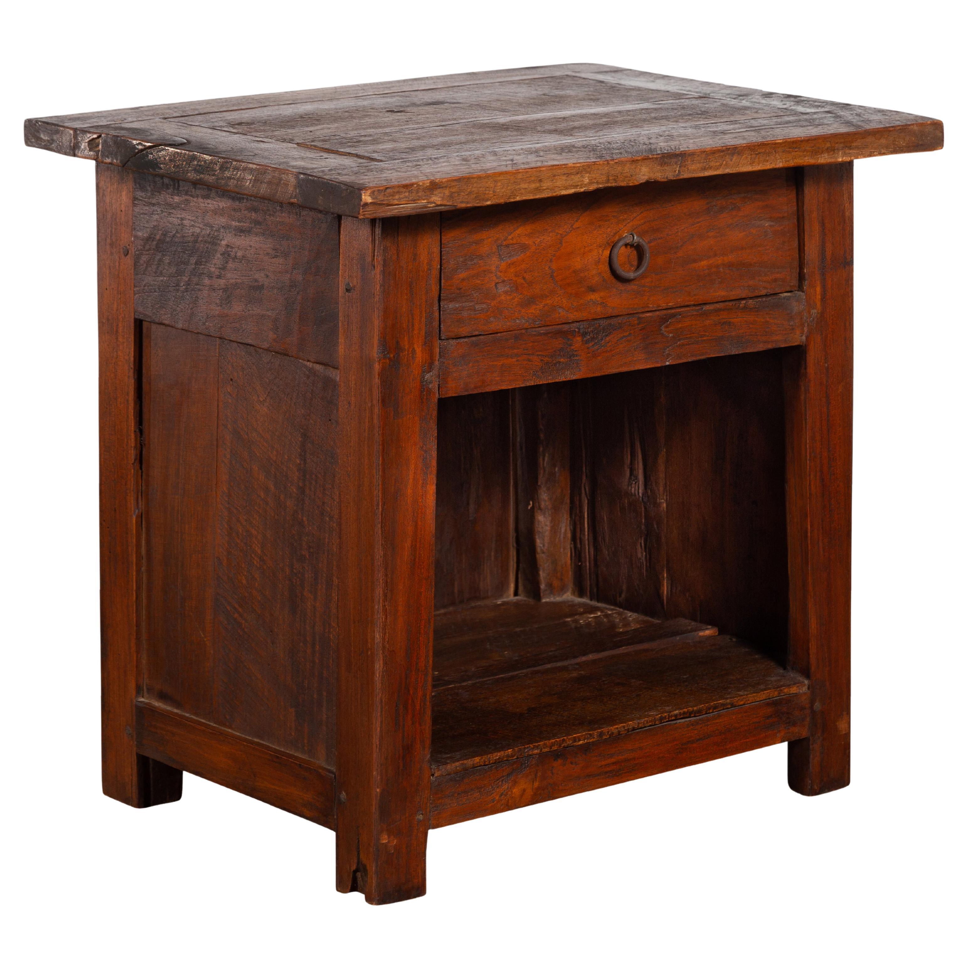 Javanese Early 20th Century Rustic Bedside Cabinet with Drawer and Open Shelf For Sale