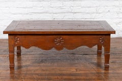 Javanese Early 20th Century Teak Wood Coffee Table with Floral Carved Apron