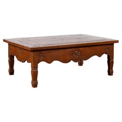 Javanese Early 20th Century Teak Wood Coffee Table with Floral Carved Apron