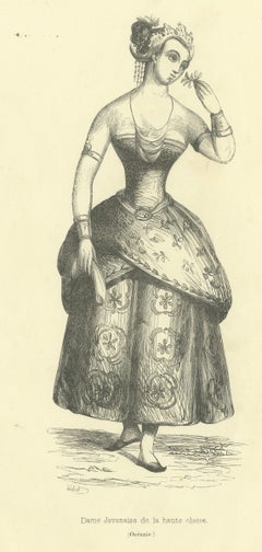 Signora giavanese dell’alta società, stampa d’epoca di Wahlen raffigurante un costume, 1843-1844