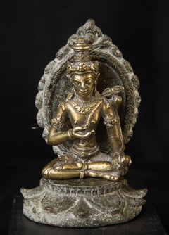 Javanese Silver Bodhisattva Sculpture on Bronze Base, 9th-10thC. Solid Cast