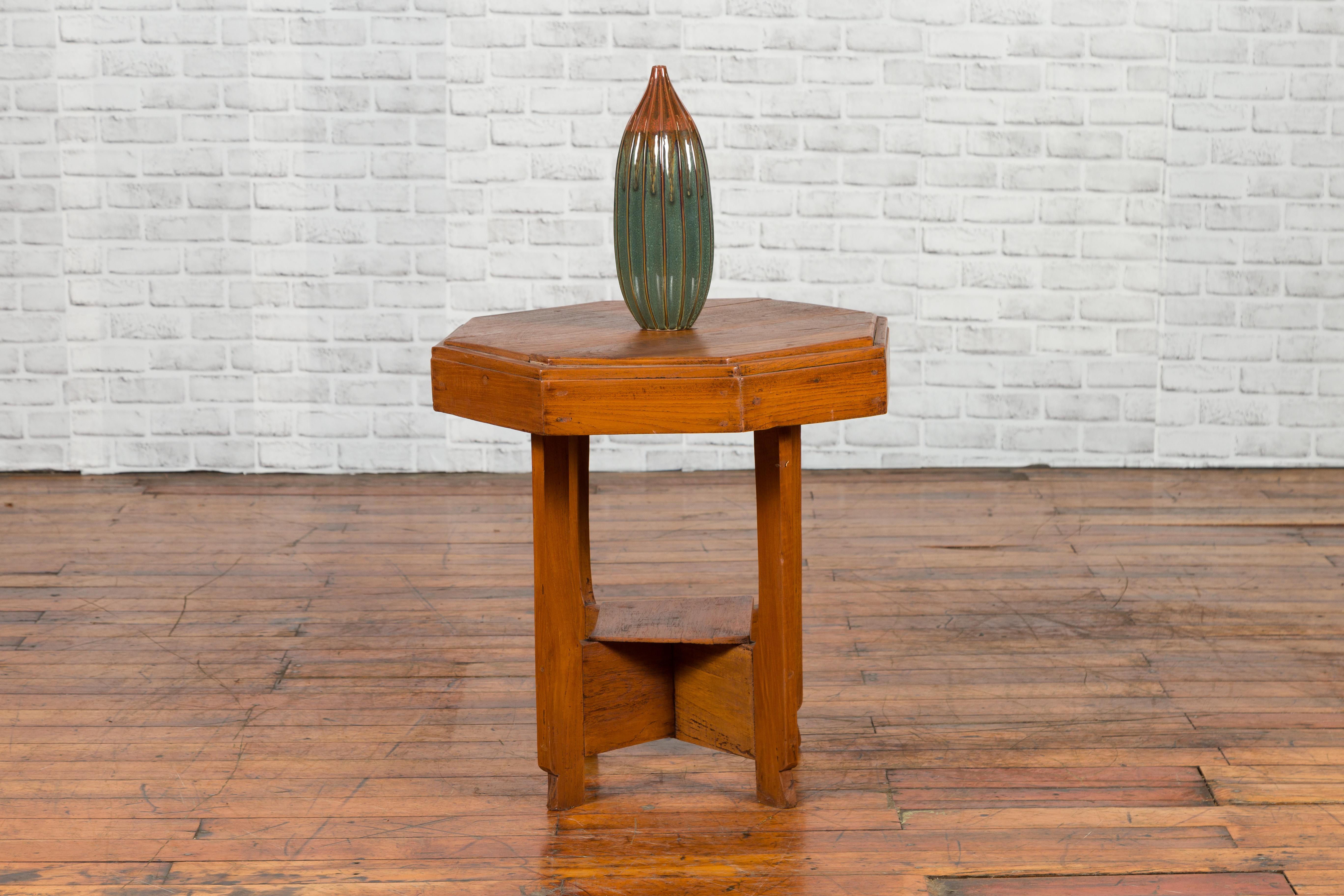Javanese Teak Art Deco Style Vintage Table with Octagonal Top and Lower Shelf In Good Condition In Yonkers, NY
