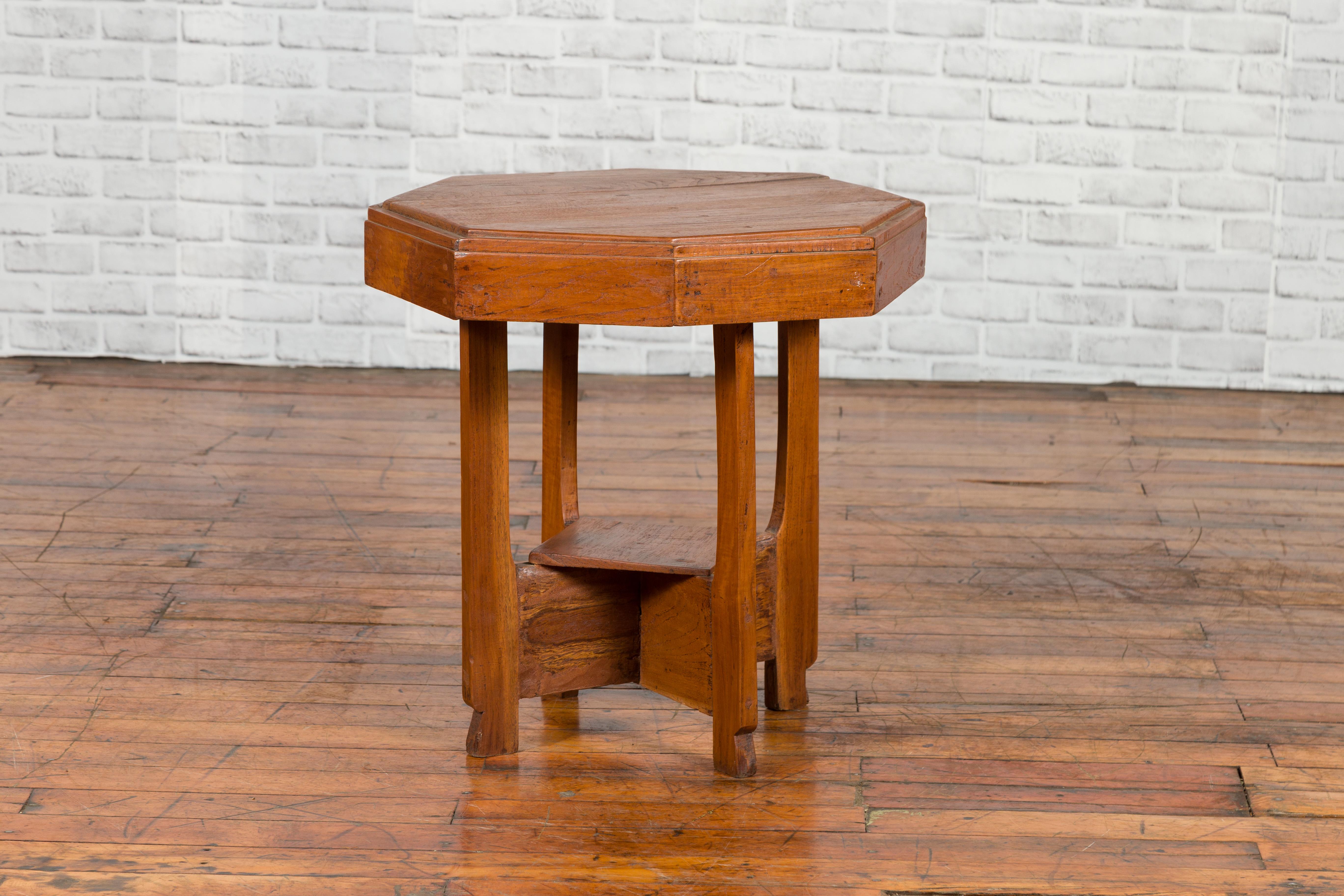 20th Century Javanese Teak Art Deco Style Vintage Table with Octagonal Top and Lower Shelf