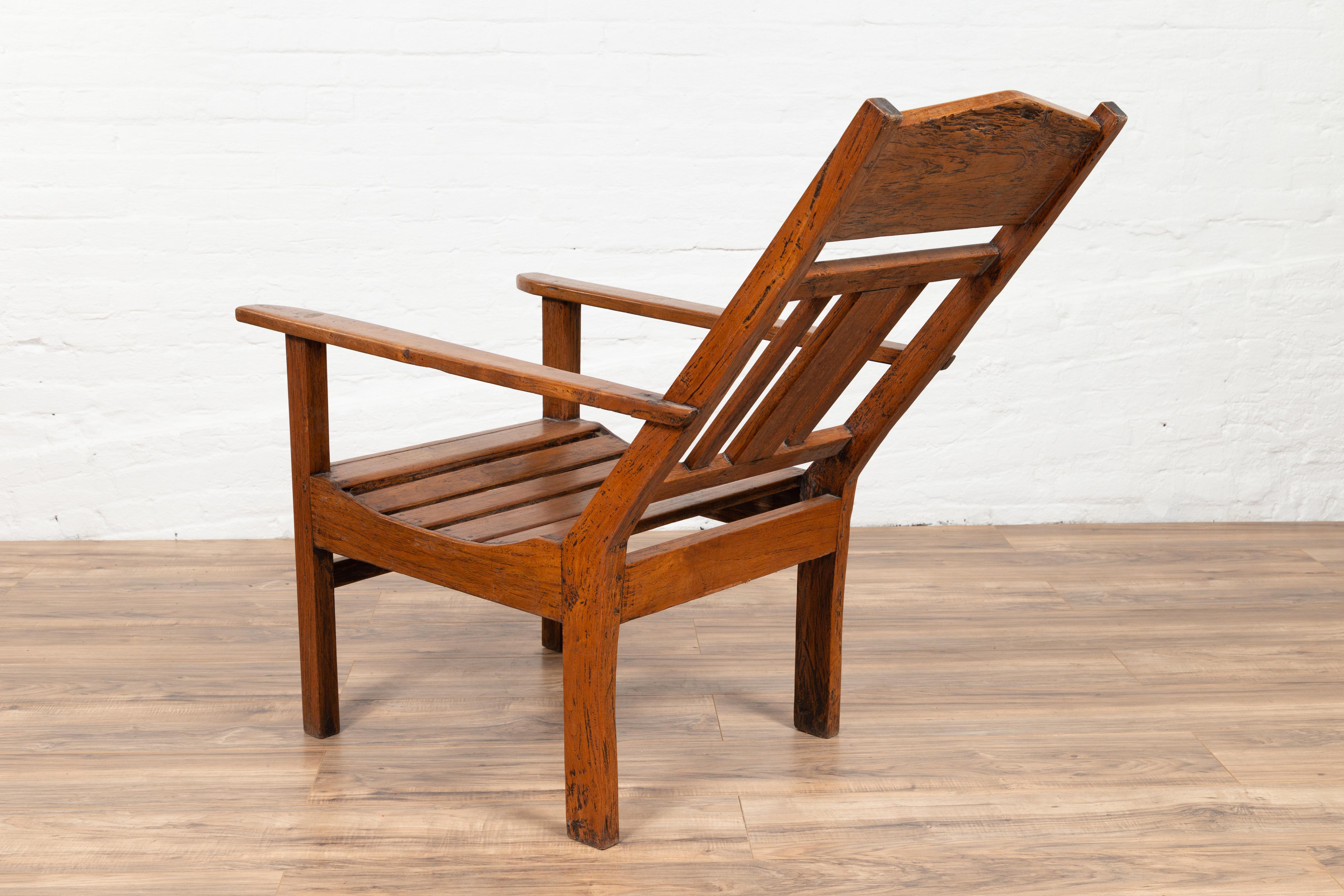 Javanese Vintage Dutch Colonial Plantation Wooden Lounge Chair with Slanted Back For Sale 3