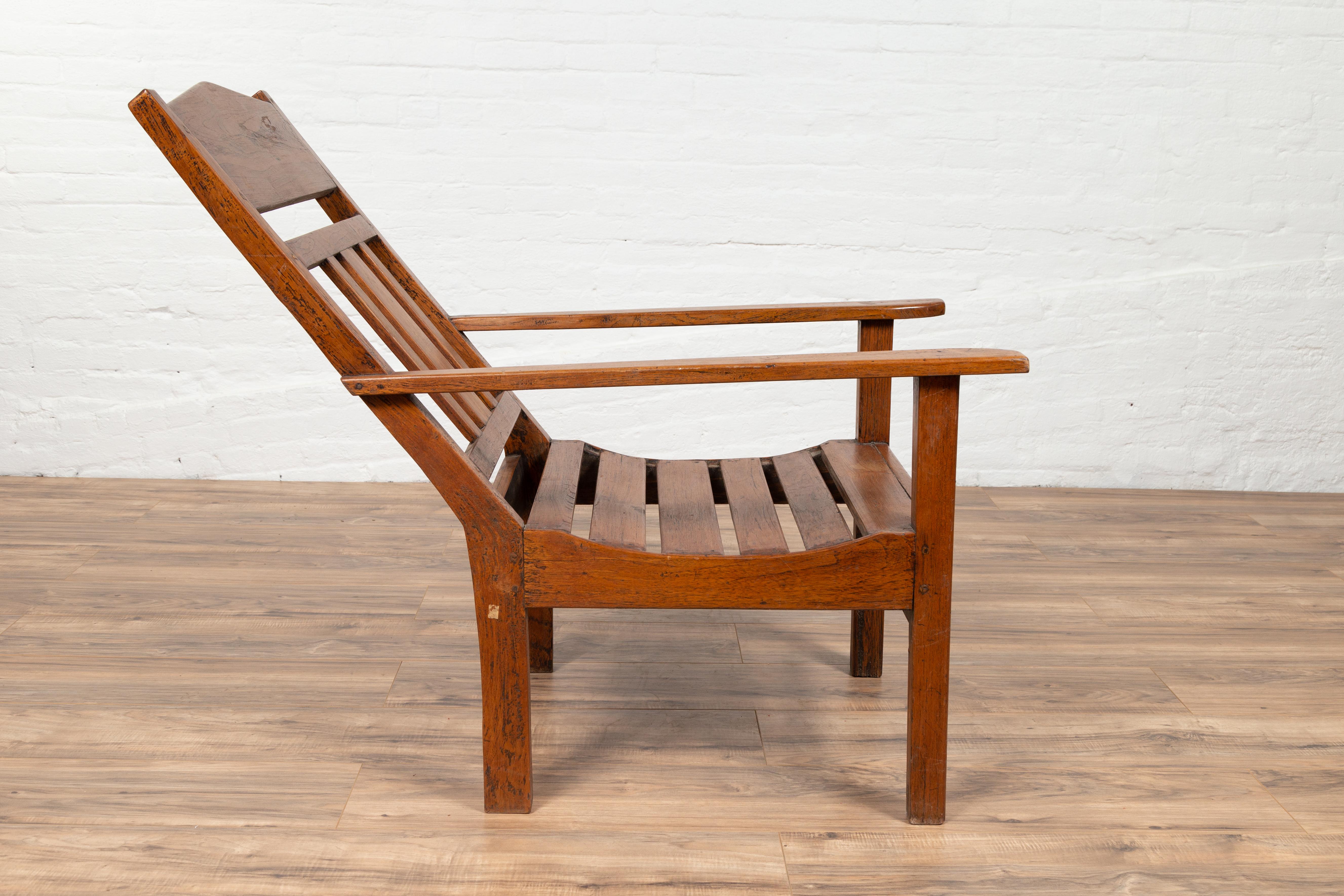 20th Century Javanese Vintage Dutch Colonial Plantation Wooden Lounge Chair with Slanted Back For Sale