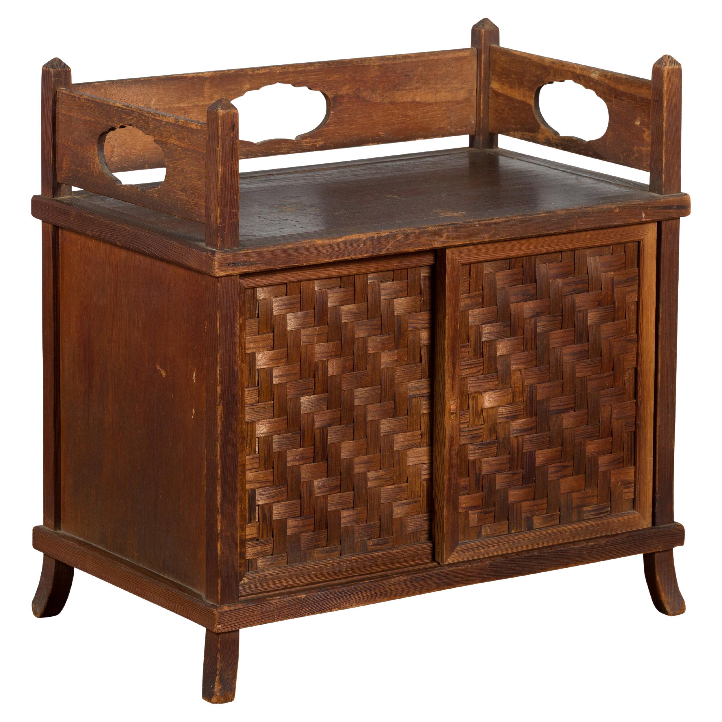Javanese Vintage Side Cabinet with Latticed Bamboo Sliding Doors and Gallery For Sale