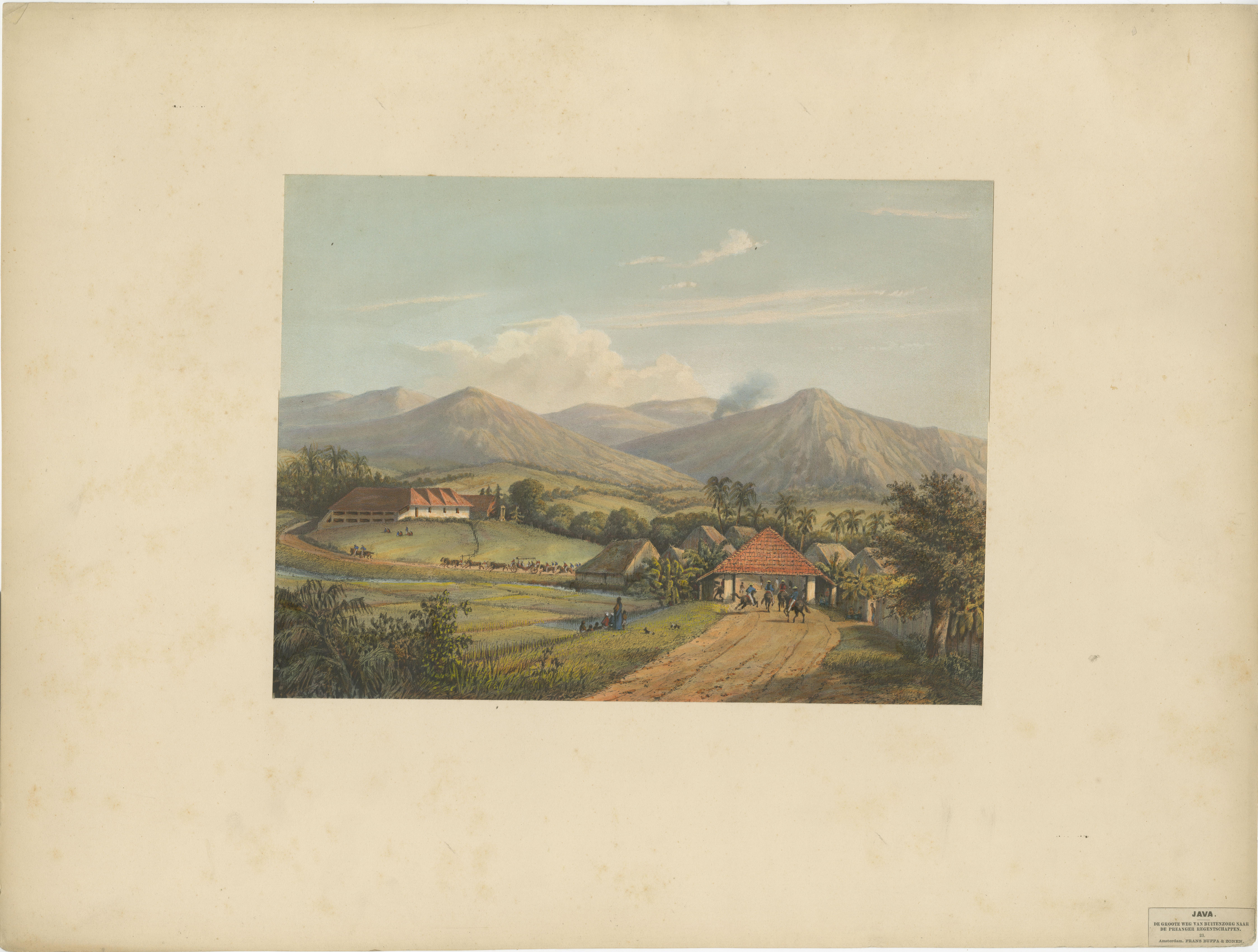 Javas Kawis-Berge und Tabakplantagen bei Malang - Antike Lithographie, 1872

Diese ansprechende Chromolithografie zeigt eine Tabakplantage vor der Kulisse der Kawische (Kawi) Berge in der Nähe von Malang, Ostjava. Es handelt sich um die Tafel Nr. 10