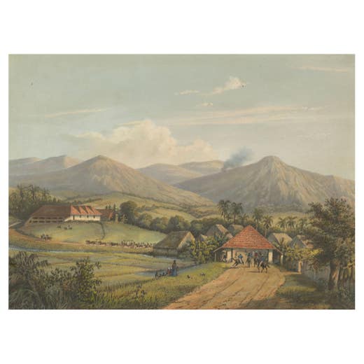 Java’s Kawis Mountains and Tobacco Estate near Malang – Antique Lithograph, 1872
